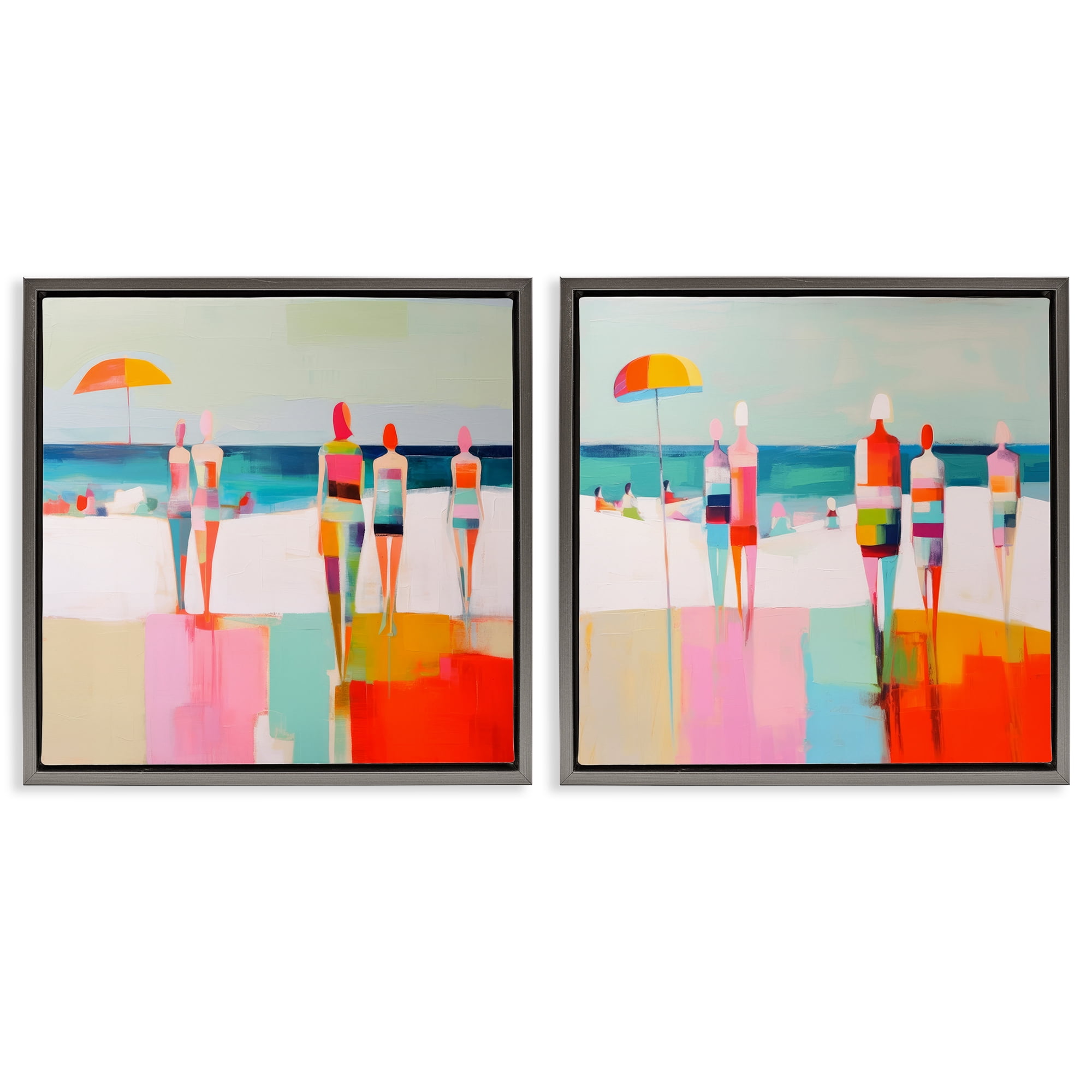 Stupell Industries Abstract Beach Goers People Painting Gray Floater Framed Canvas Art Print Wall Art, 18 x 18, Set of 2