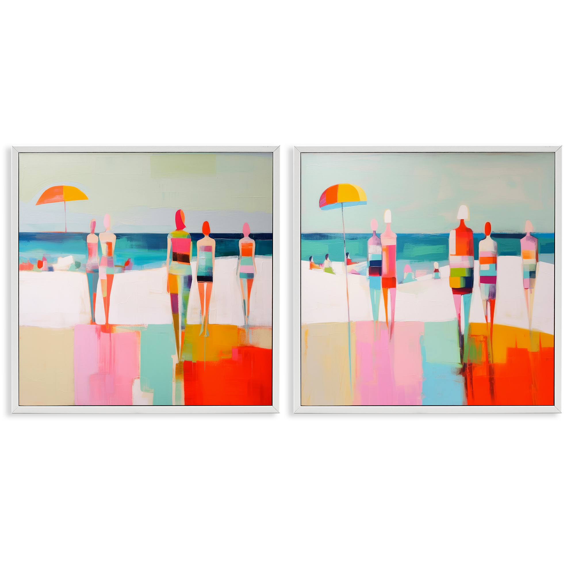Stupell Industries Abstract Beach Goers People Painting White Framed Art Print Wall Art, 12 x 12, Set of 2