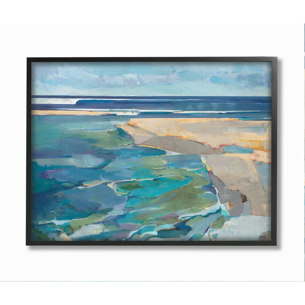 Abstract Beach Landscape Blue and Green Canvas Print with Black Frame, 11 x 14