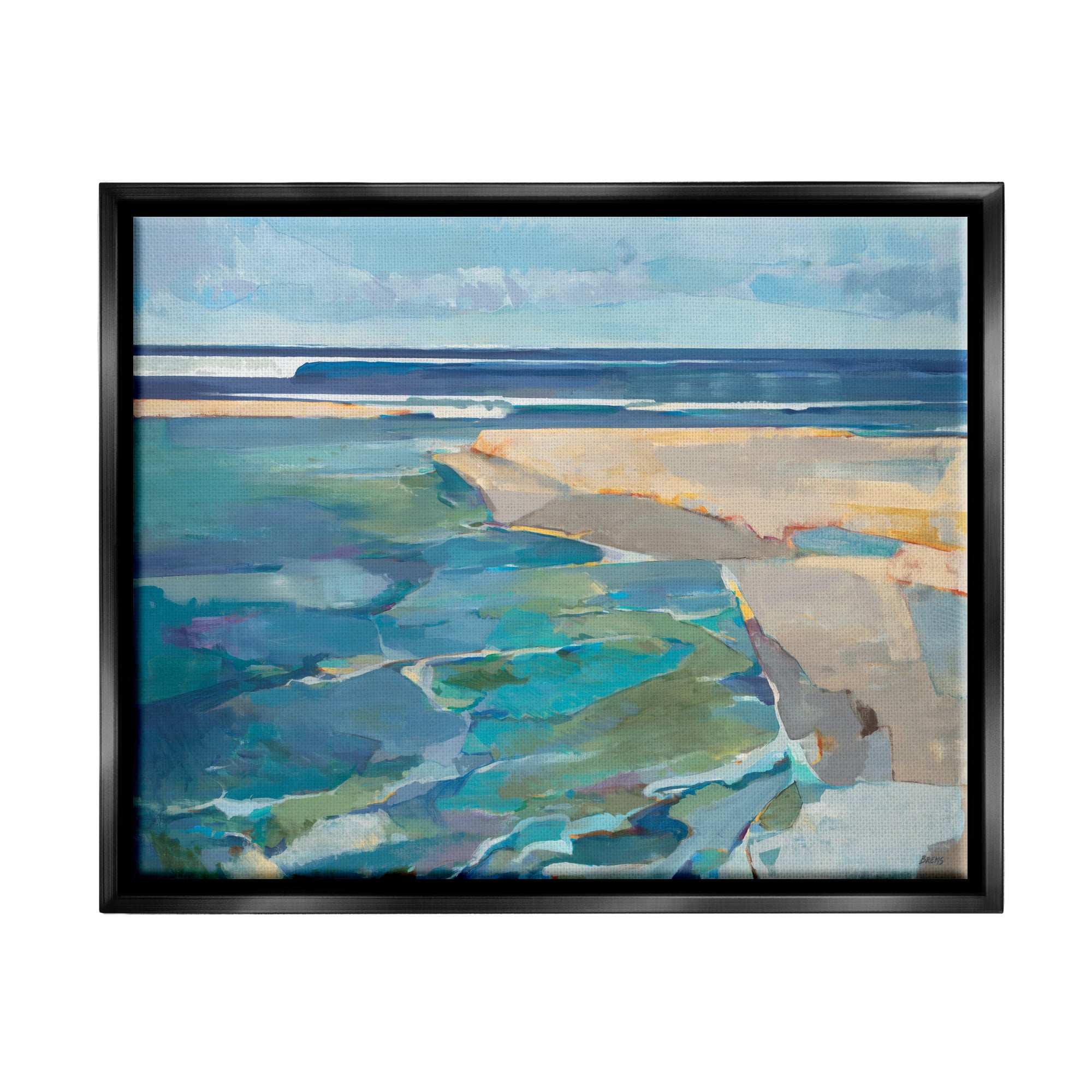 Stupell Industries Abstract Beach Landscape Pastel Cubism Painting Jet Black Framed Floating Canvas Wall Art, 16x20, by Third and Wall