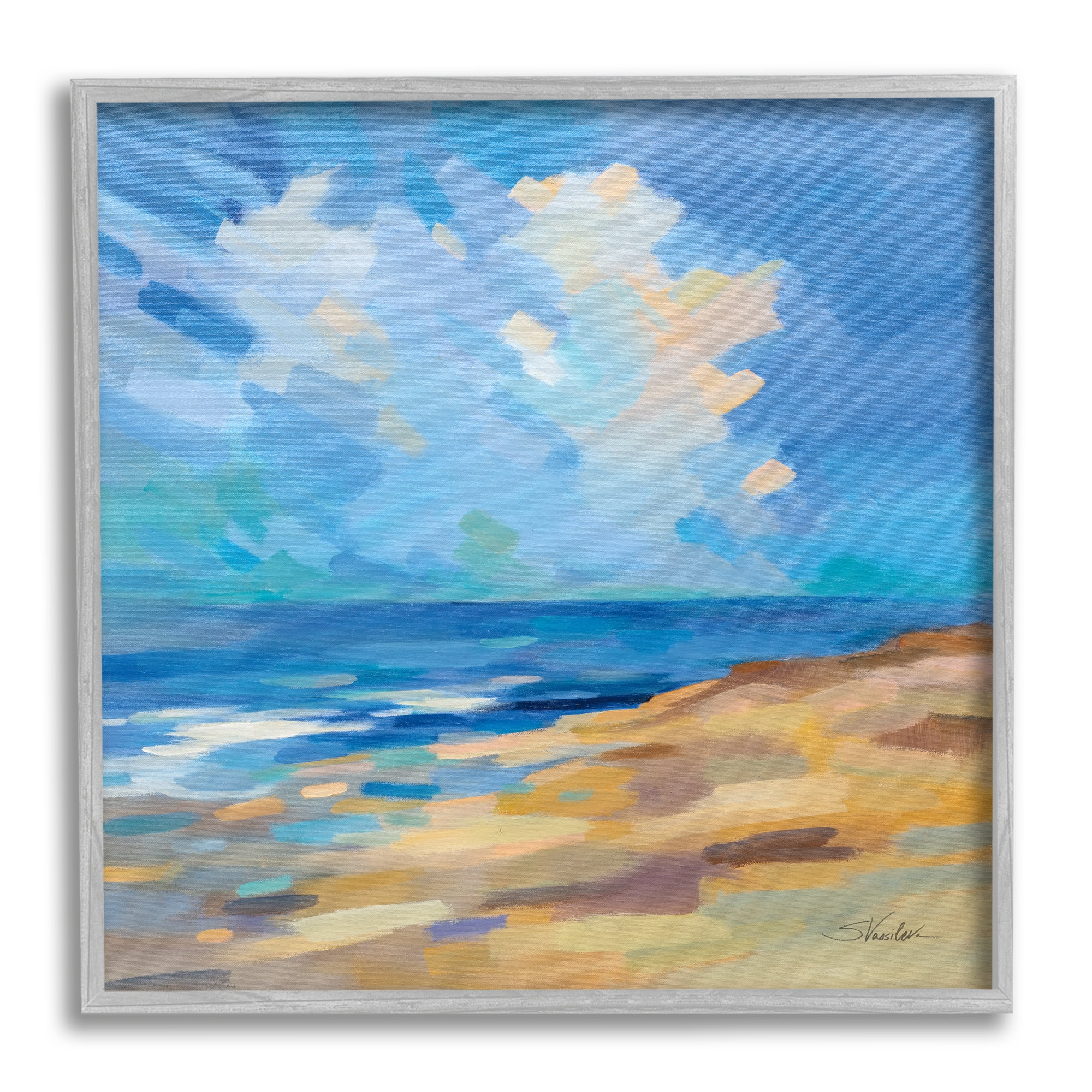 Stupell Industries Abstract Beach Painting Nature Painting Gray Framed Art Print Wall Art, 24 x 24