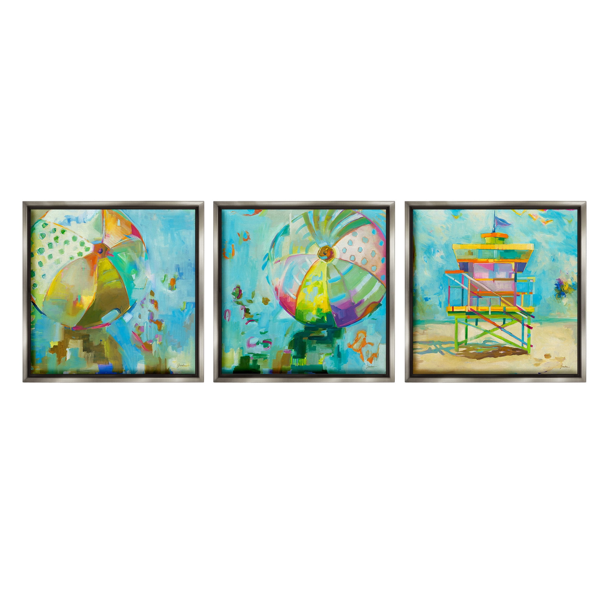 Colorful Abstract Beach Scenes Canvas Art Set with Gray Frame