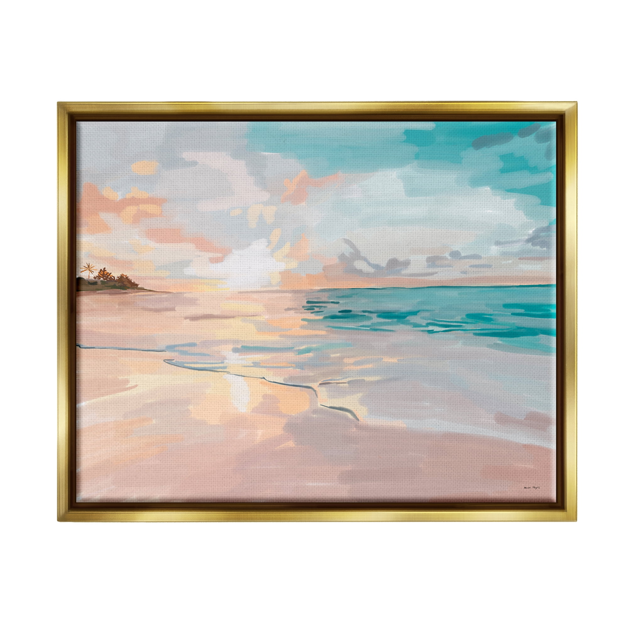 Stupell Industries Abstract Beach Sunset Nature Painting Gold Floater Framed Art Print Wall Art, 31 x 25