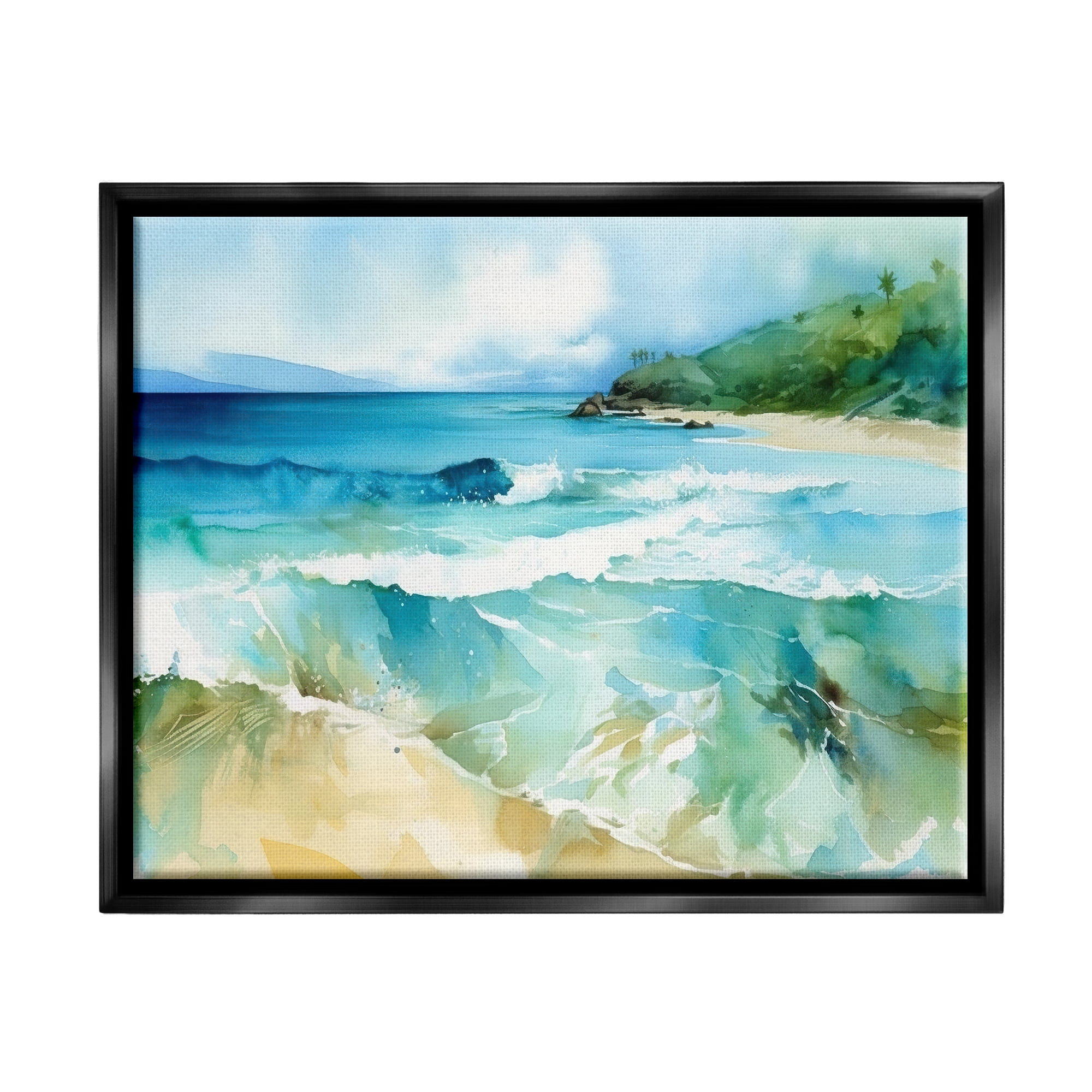 Stupell Industries Abstract Beach Waves Landscape Painting Black Floater Framed Canvas Art Print Wall Art, 21 x 17