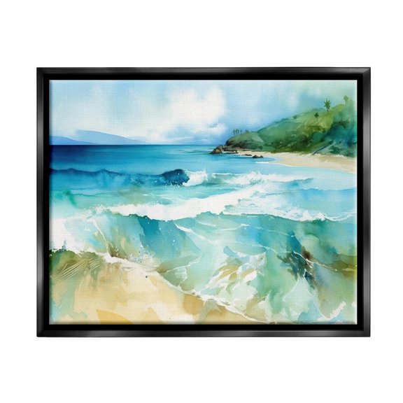 Stupell Industries Abstract Beach Waves Landscape Painting Black Floater Framed Canvas Art Print Wall Art, 21 x 17