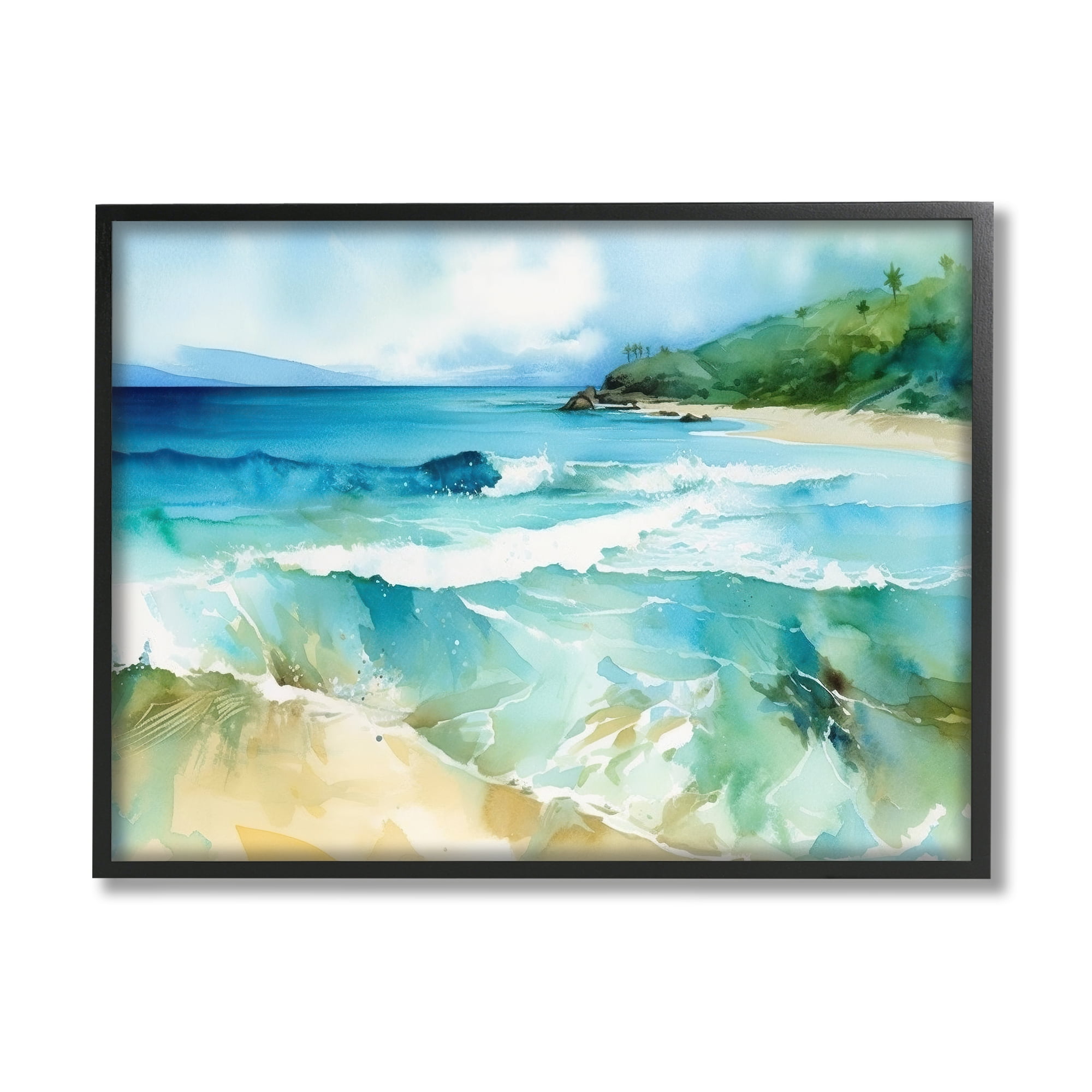 Stupell Industries Abstract Beach Waves Landscape Painting Black Framed Art Print Wall Art, 20 x 16