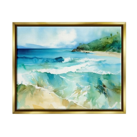 Stupell Industries Abstract Beach Waves Landscape Painting Gold Floater Framed Canvas Art Print Wall Art, 21 x 17