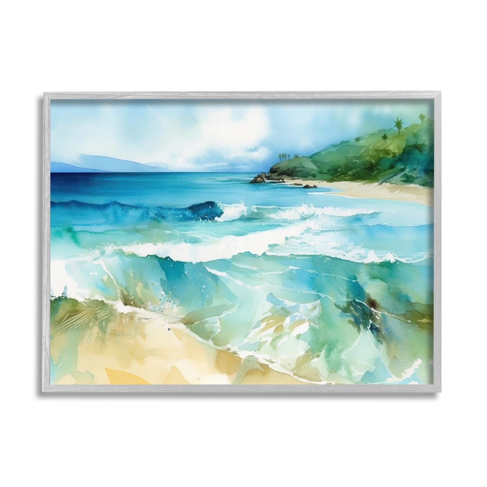 Stupell Industries Abstract Beach Waves Landscape Painting Gray Framed Art Print Wall Art, 30 x 24