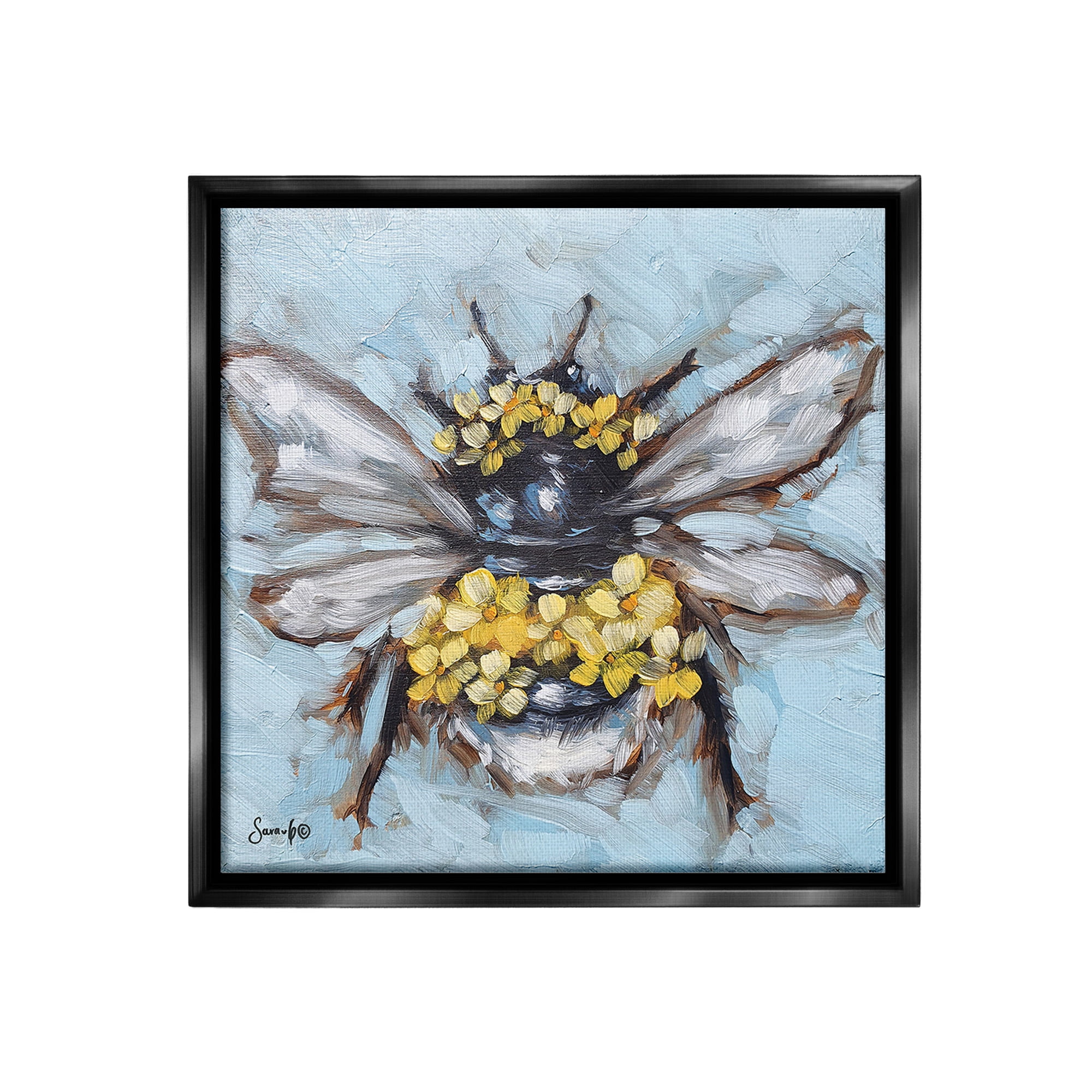 Stupell Industries Abstract Bee with Flowers Animals & Insects Painting Black Floater Framed Canvas Art Print Wall Art, 25 x 25