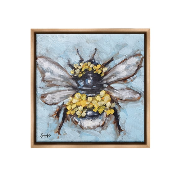 Stupell Industries Abstract Bee with Flowers Animals & Insects Painting Brown Floater Framed Canvas Art Print Wall Art, 18 x 18