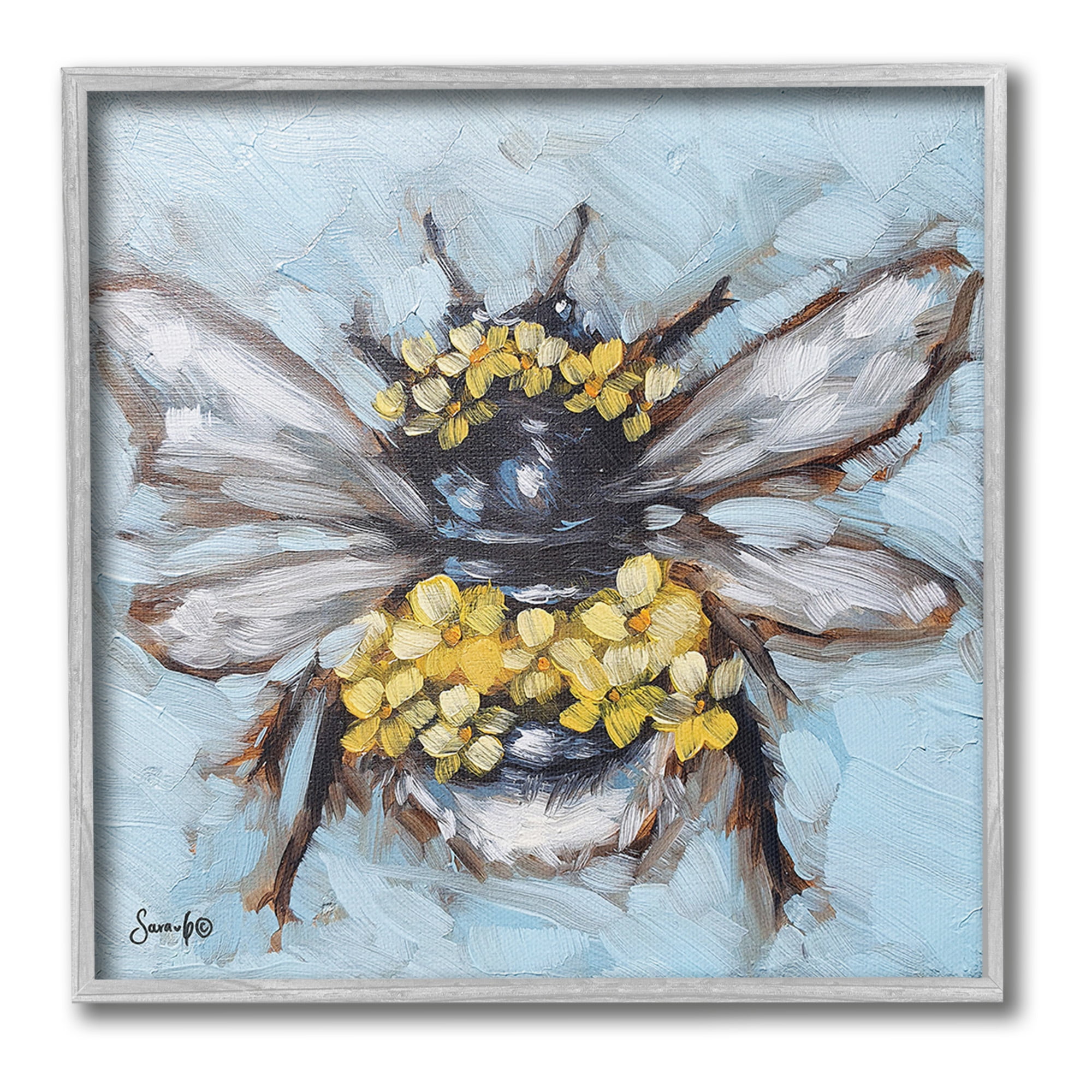 Stupell Industries Abstract Bee with Flowers Animals & Insects Painting Gray Framed Art Print Wall Art, 12 x 12