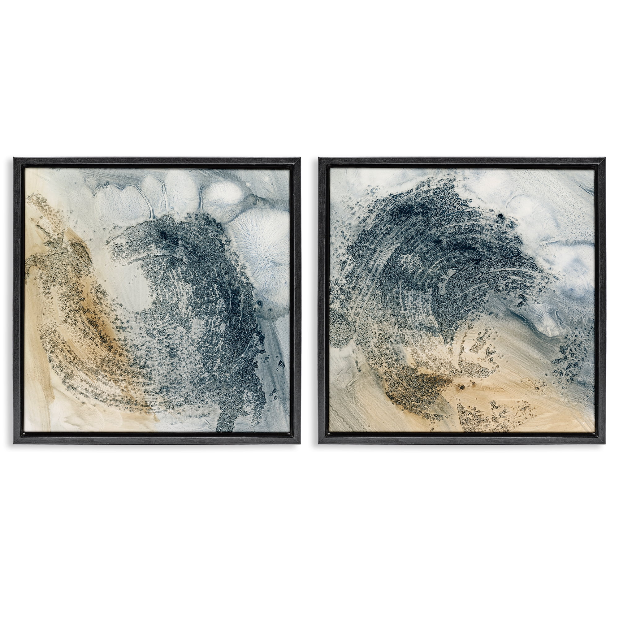 Stupell Industries Abstract Beige Blue Wave Abstract Painting Black Floater Framed Canvas Art Print Wall Art, 25 x 25, Set of 2