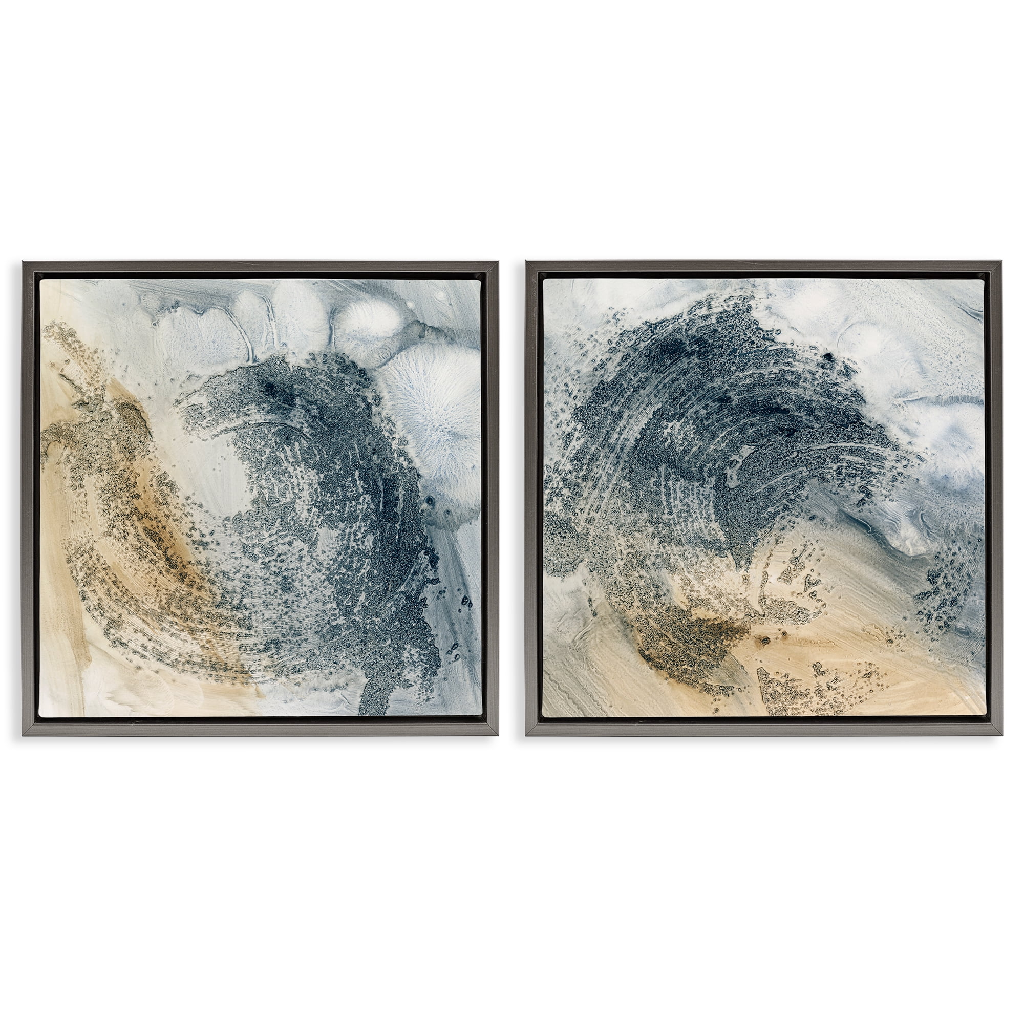 Stupell Industries Abstract Beige Blue Wave Abstract Painting Gray Floater Framed Canvas Art Print Wall Art, 18 x 18, Set of 2