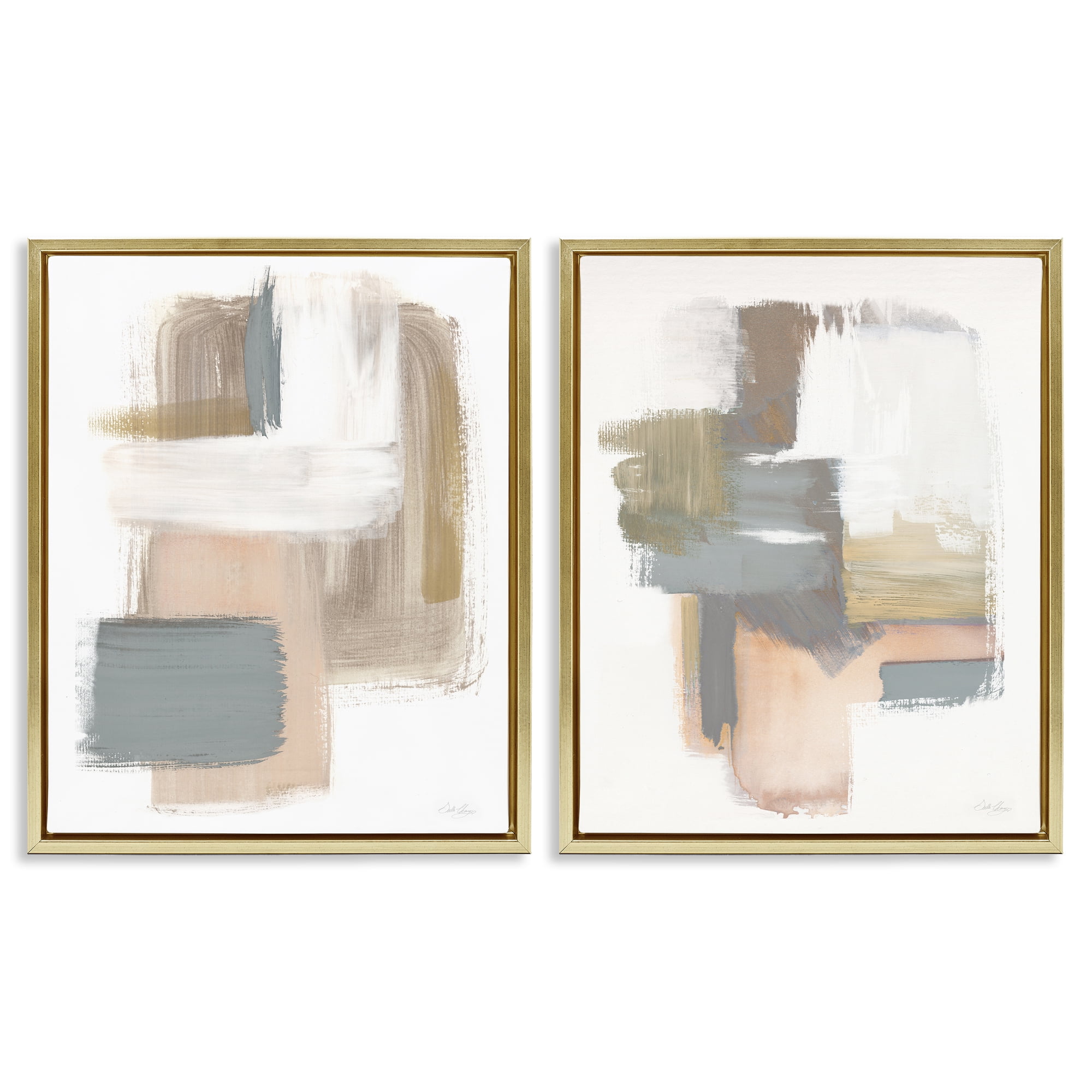 Stupell Industries Abstract Beige Brush Stroked Neutrals Abstract Painting Gold Floater Framed Canvas Art Print Wall Art, 17 x 21, Set of 2