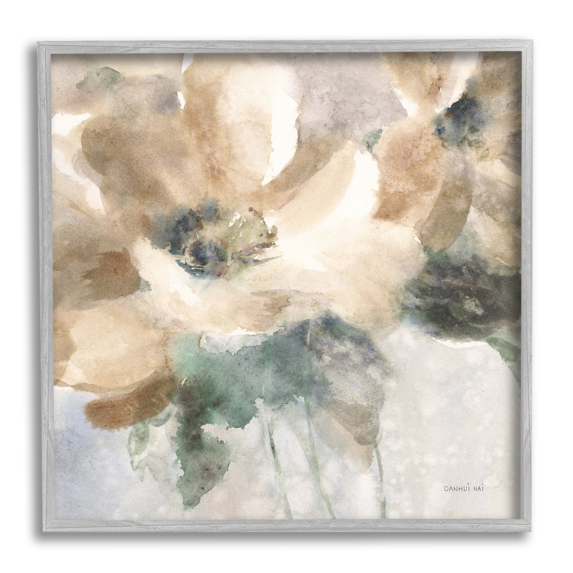 Stupell Industries Abstract Beige Flower Botanical & Floral Painting Gray Framed Art Print Wall Art, 12 x 12