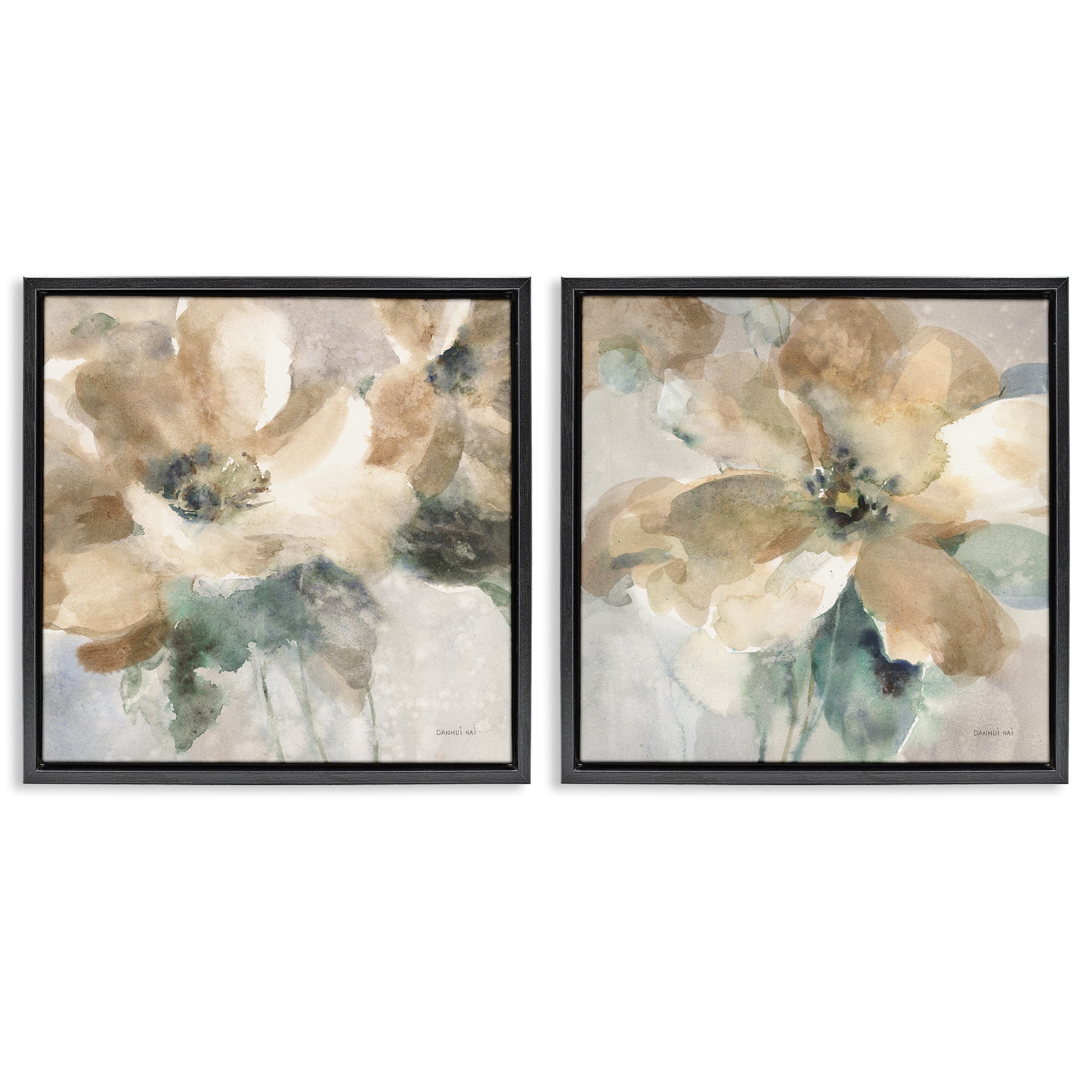 Stupell Industries Abstract Beige Flowers Botanical & Floral Painting Black Floater Framed Canvas Art Print Wall Art, 25 x 25, Set of 2