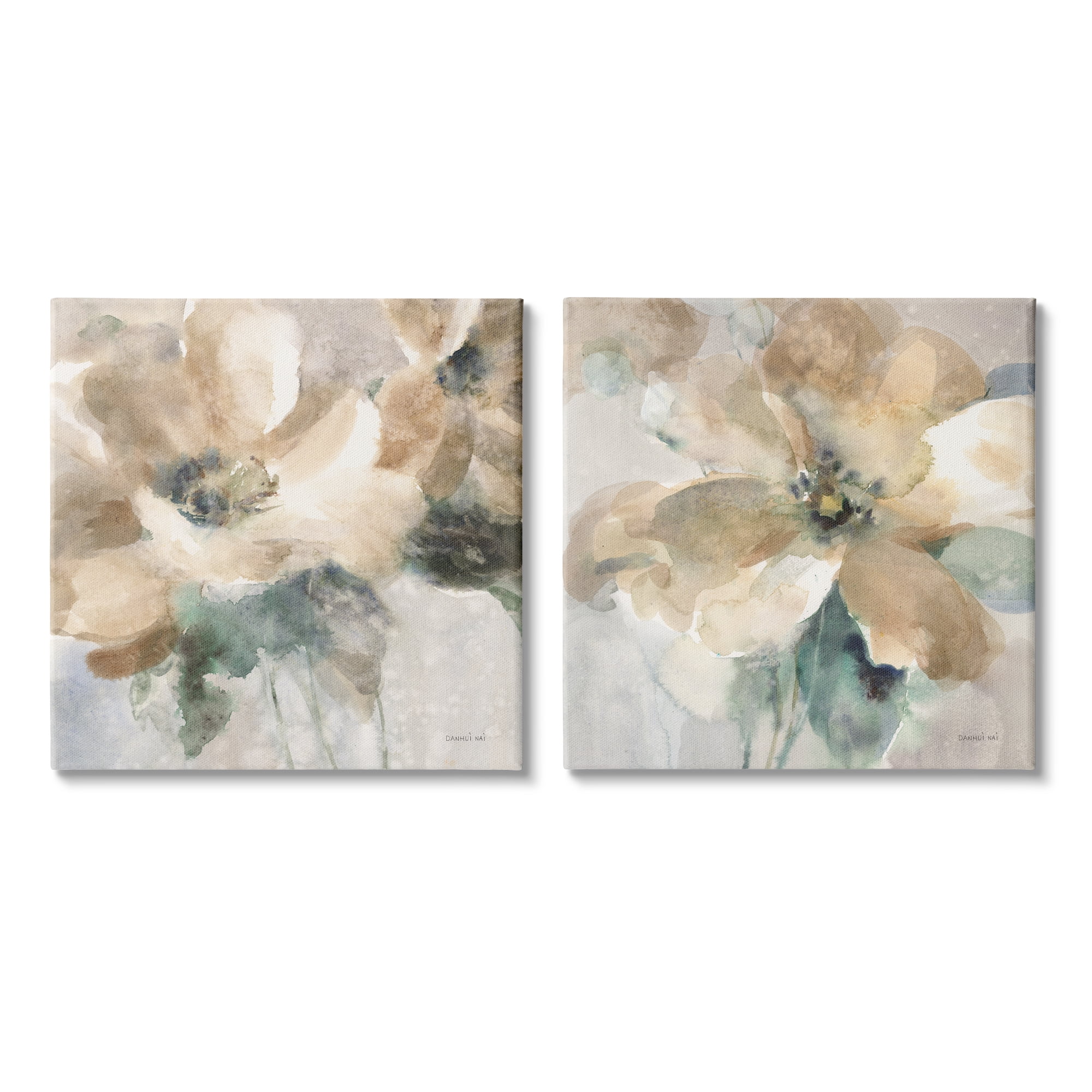 Abstract Beige and Green Floral Canvas Wall Art Set, 17 x 17