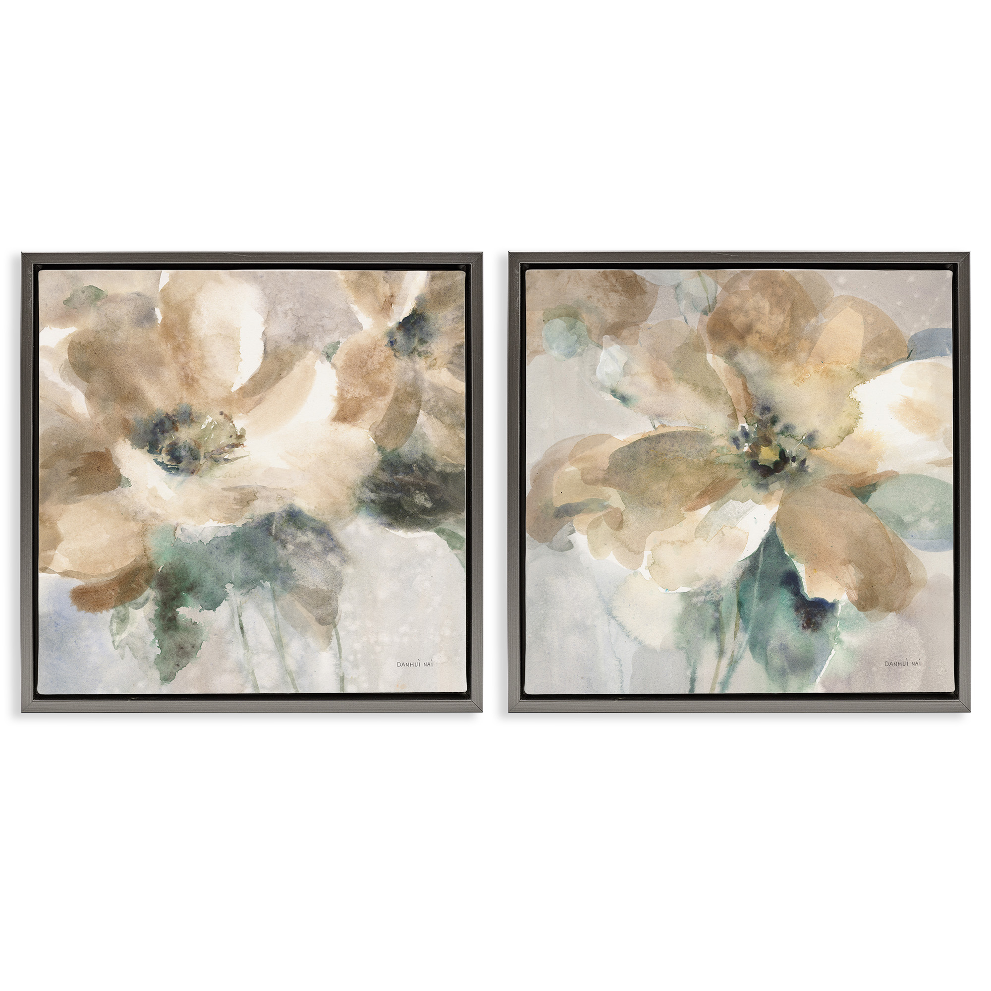 Stupell Industries Abstract Beige Flowers Botanical & Floral Painting Gray Floater Framed Canvas Art Print Wall Art, 18 x 18, Set of 2