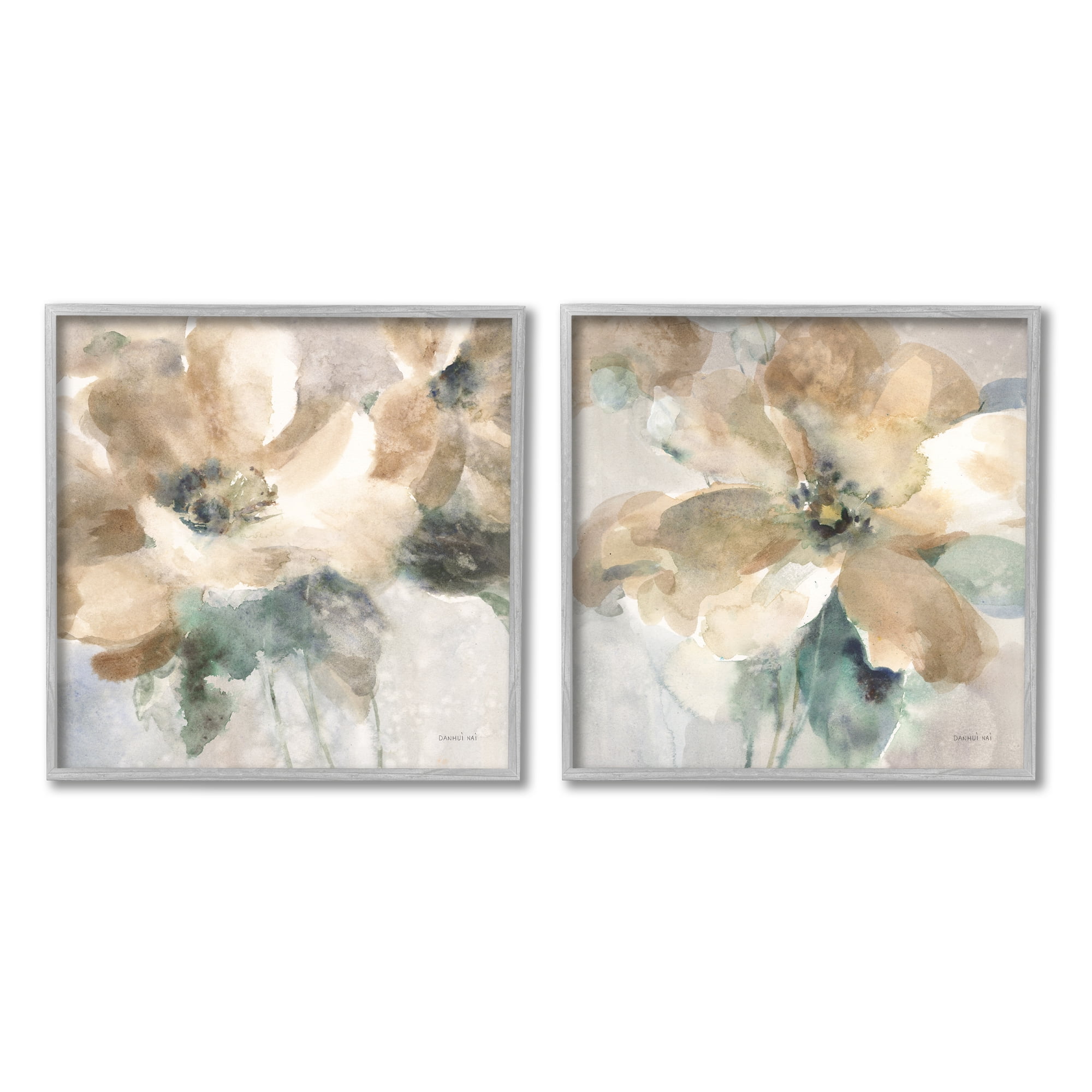 Stupell Industries Abstract Beige Flowers Botanical & Floral Painting Gray Framed Art Print Wall Art, 17 x 17, Set of 2