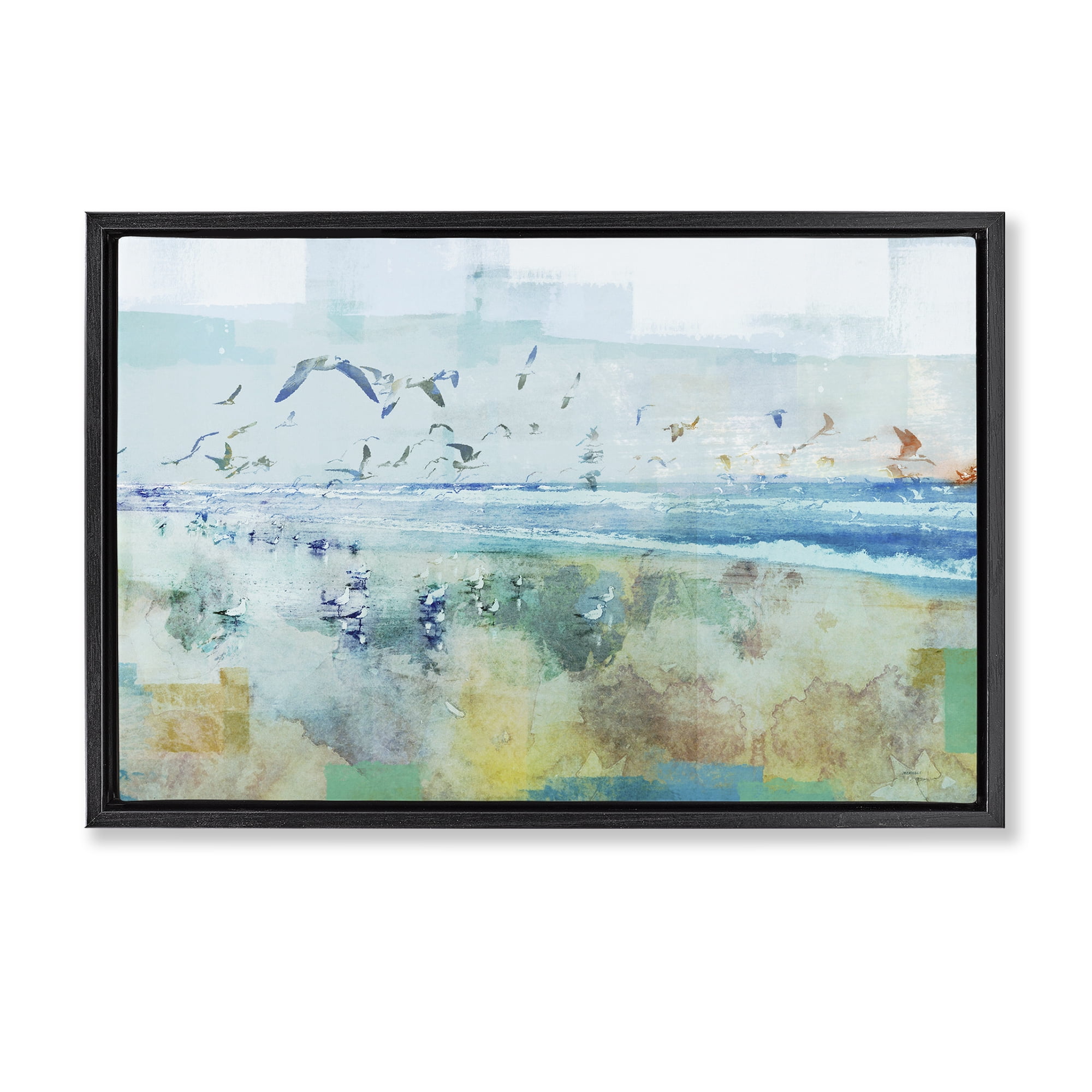 Stupell Industries Abstract Birds Over Beach Abstract Painting Black Floater Framed Canvas Art Print Wall Art, 31 x 21