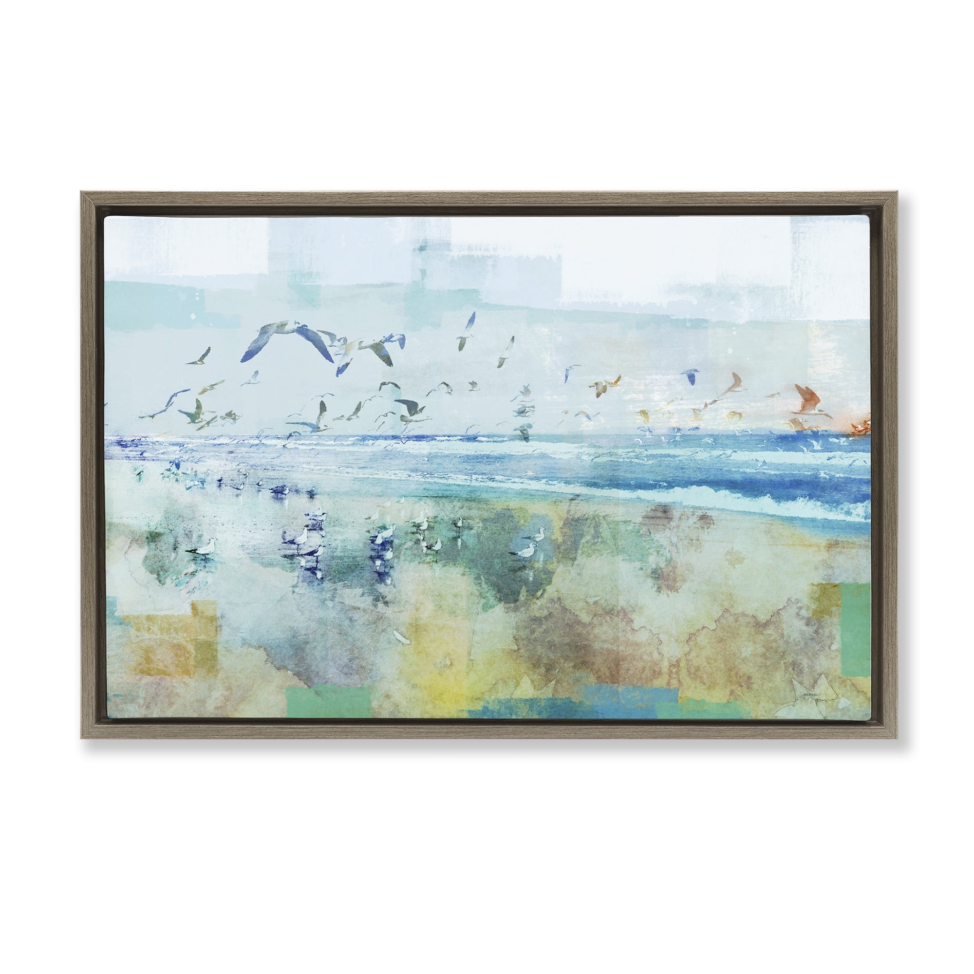 Stupell Industries Abstract Birds Over Beach Abstract Painting Brown Floater Framed Canvas Art Print Wall Art, 25 x 17