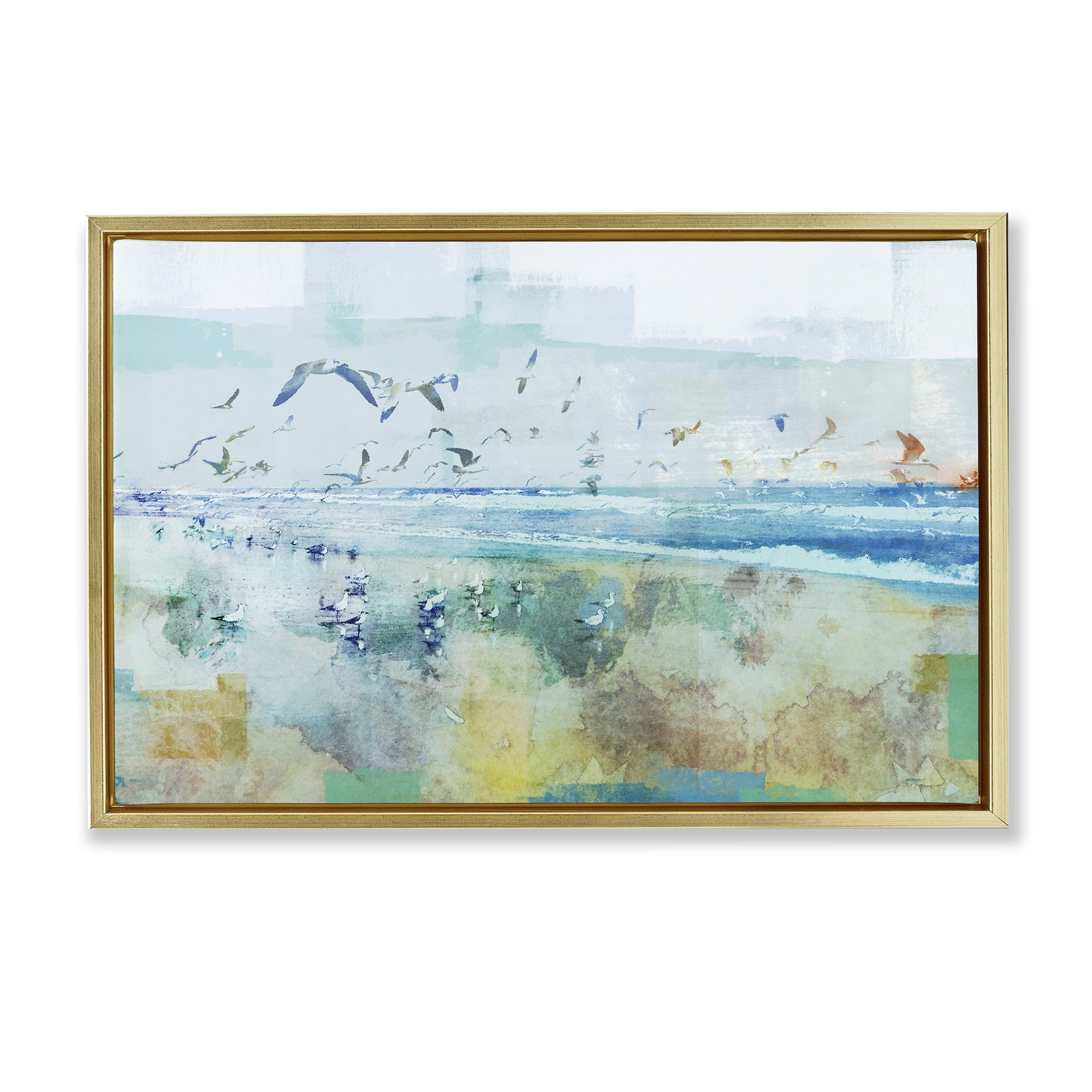 Stupell Industries Abstract Birds Over Beach Abstract Painting Gold Floater Framed Canvas Art Print Wall Art, 25 x 17