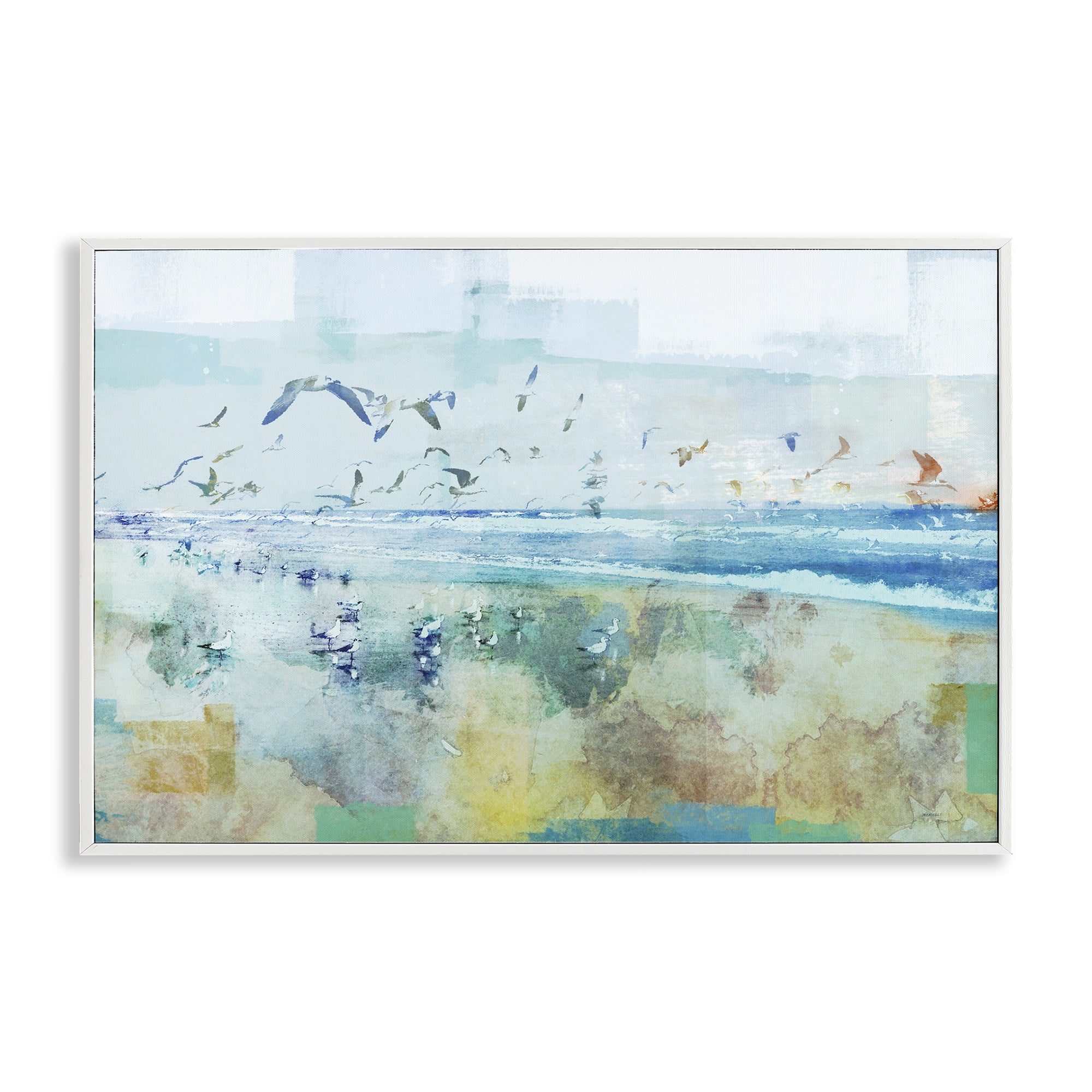 Stupell Industries Abstract Birds Over Beach Abstract Painting White Framed Art Print Wall Art, 30 x 20