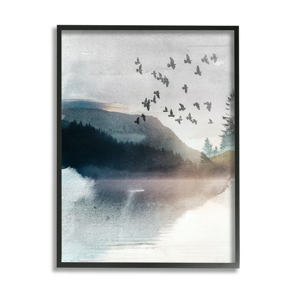 Stupell Industries Abstract Birds Over Lake Nature Painting Black Framed Art Print Wall Art, 11 x 14