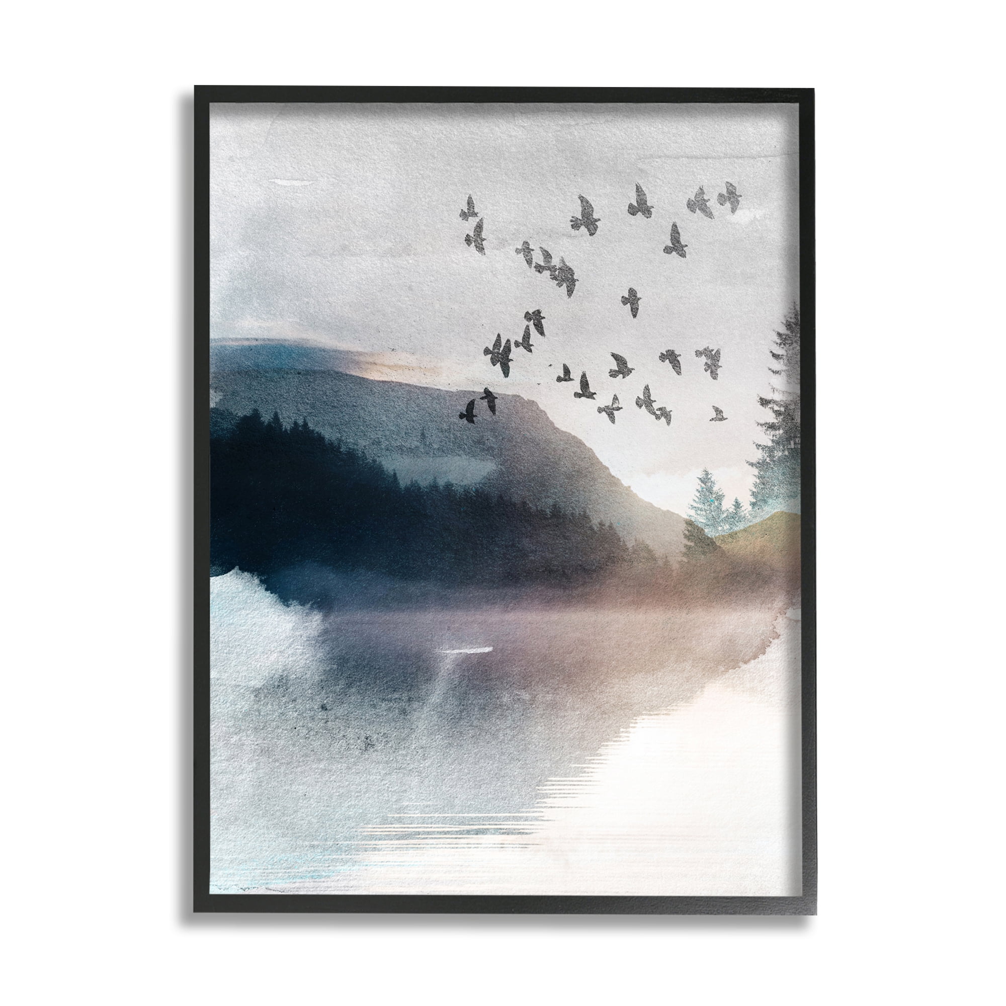 Stupell Industries Abstract Birds Over Lake Nature Painting Black Framed Art Print Wall Art, 16 x 20