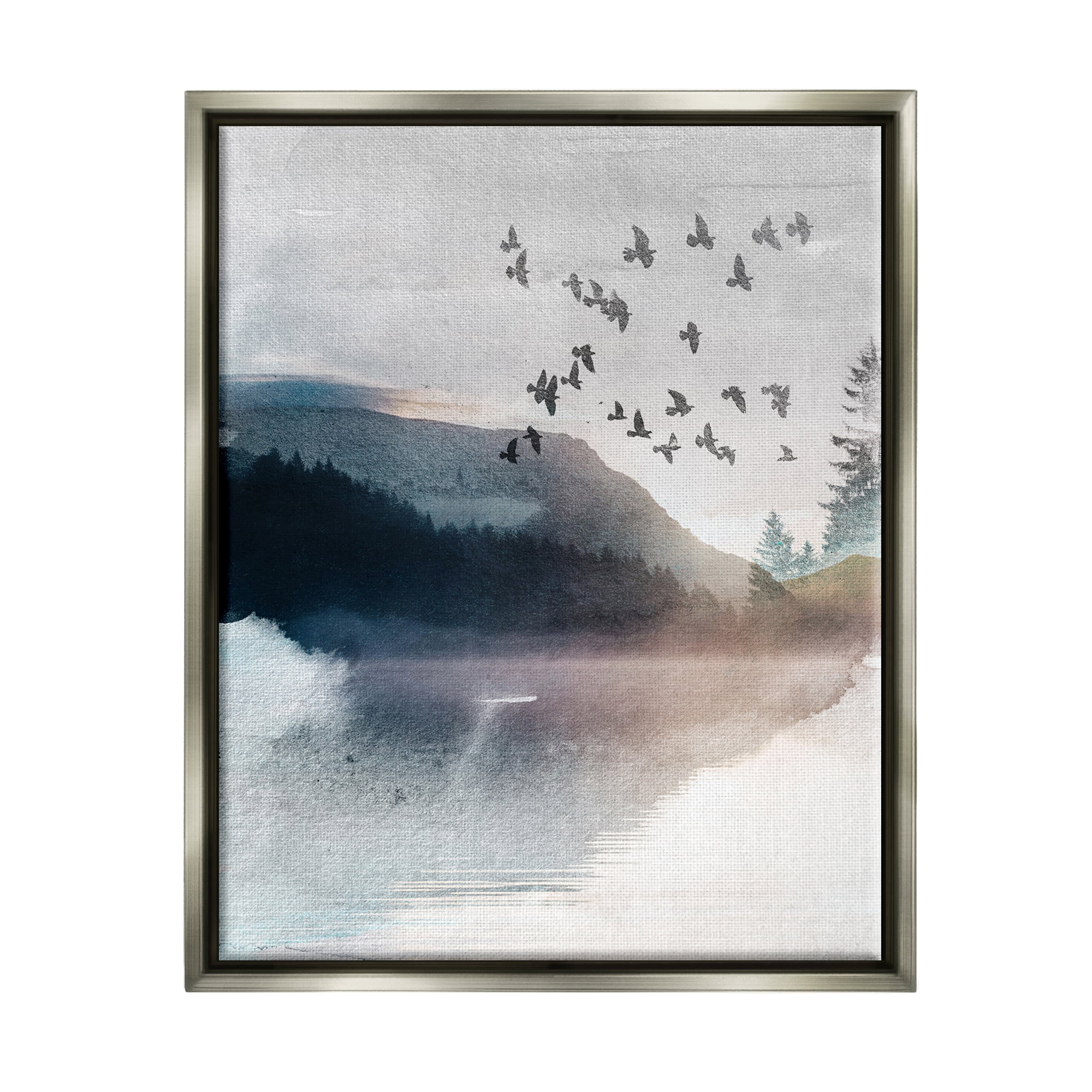 Stupell Industries Abstract Birds Over Lake Nature Painting Gray Floater Framed Art Print Wall Art, 17 x 21