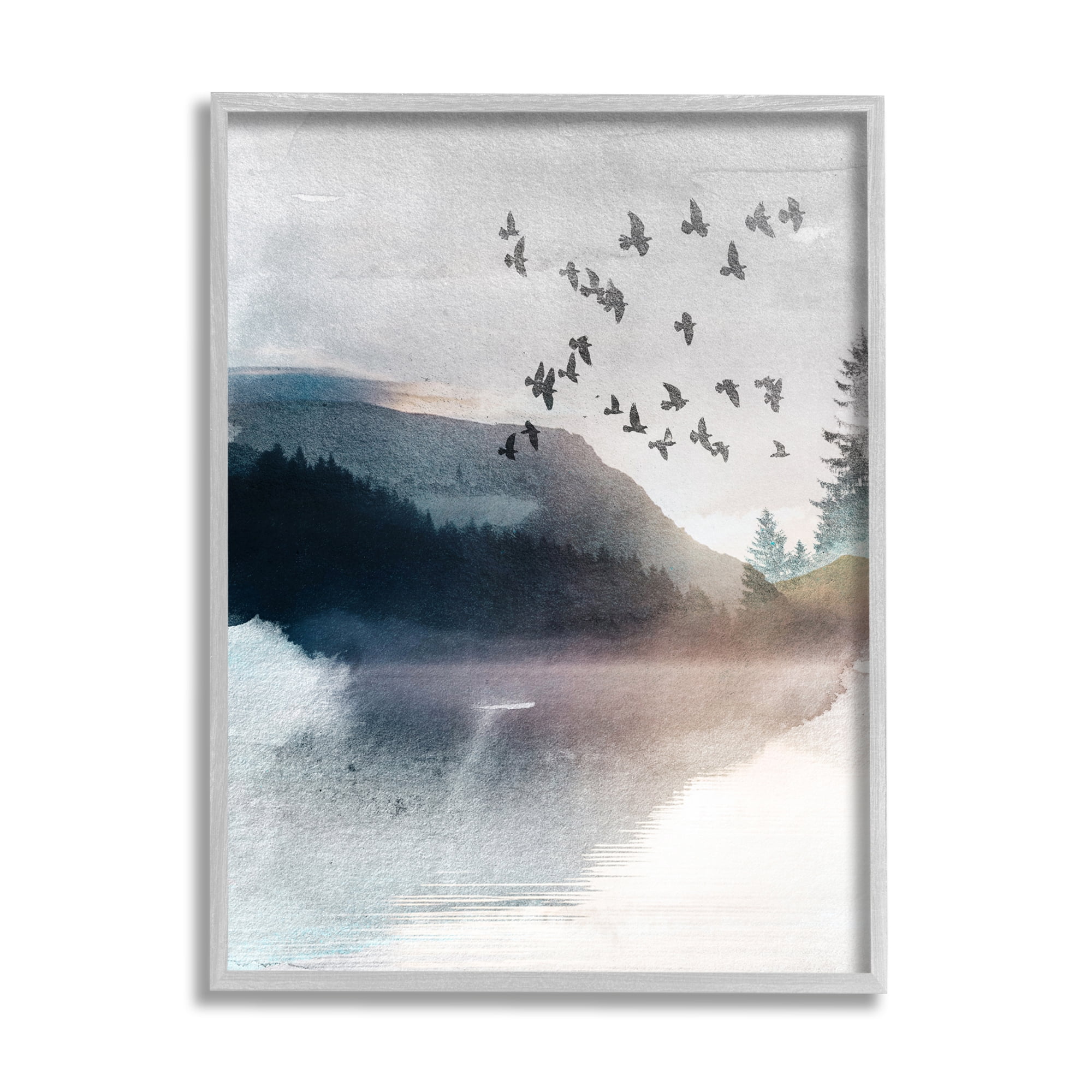 Stupell Industries Abstract Birds Over Lake Nature Painting Gray Framed Art Print Wall Art, 24 x 30