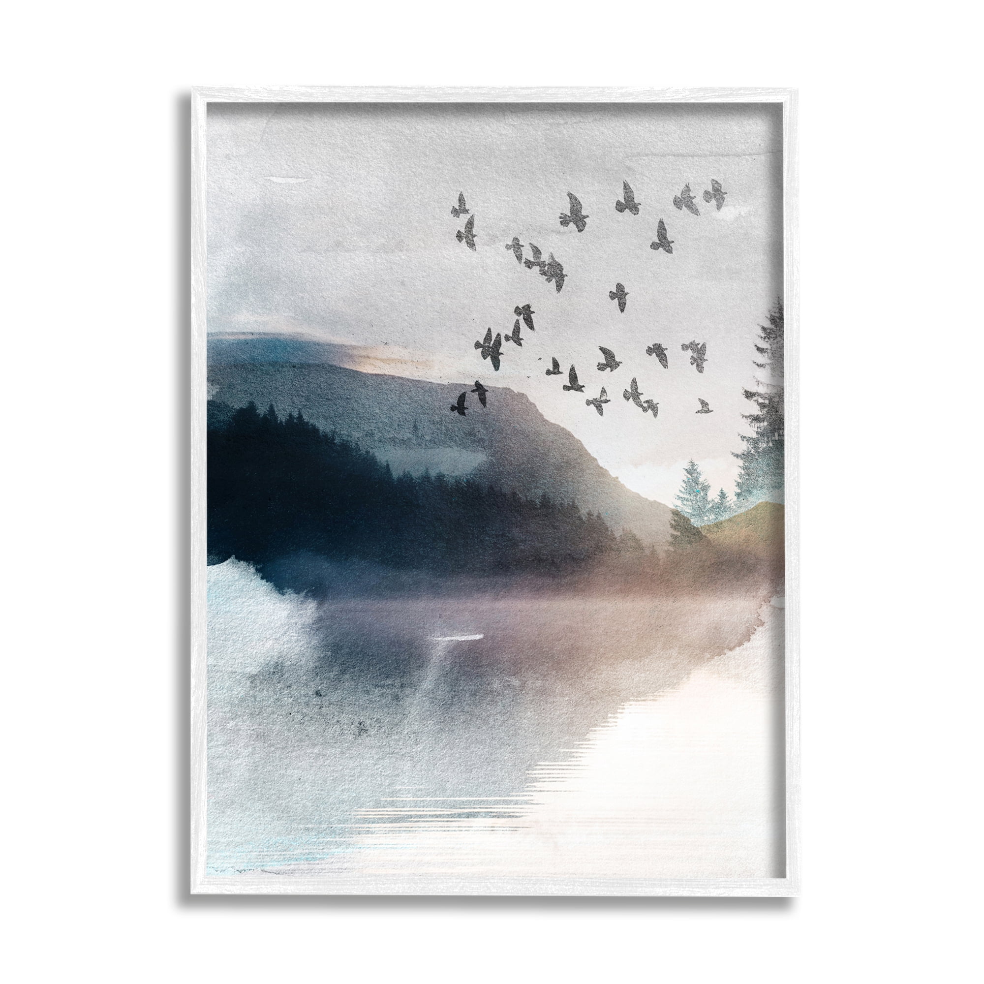 Stupell Industries Abstract Birds Over Lake Nature Painting White Framed Art Print Wall Art, 16 x 20