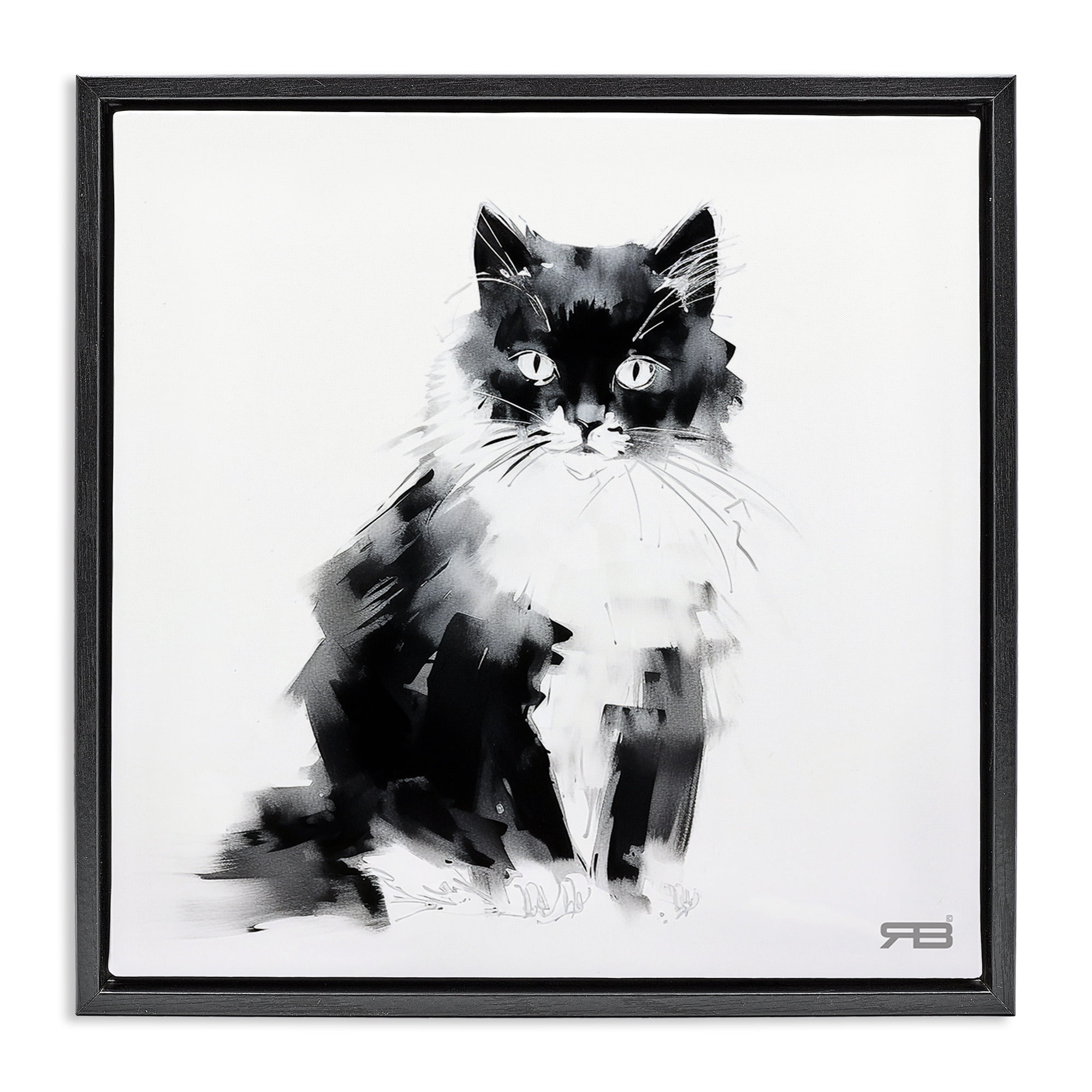 Stupell Industries Abstract Black & White Cat Animals & Insects Painting Black Floater Framed Canvas Art Print Wall Art, 25 x 25