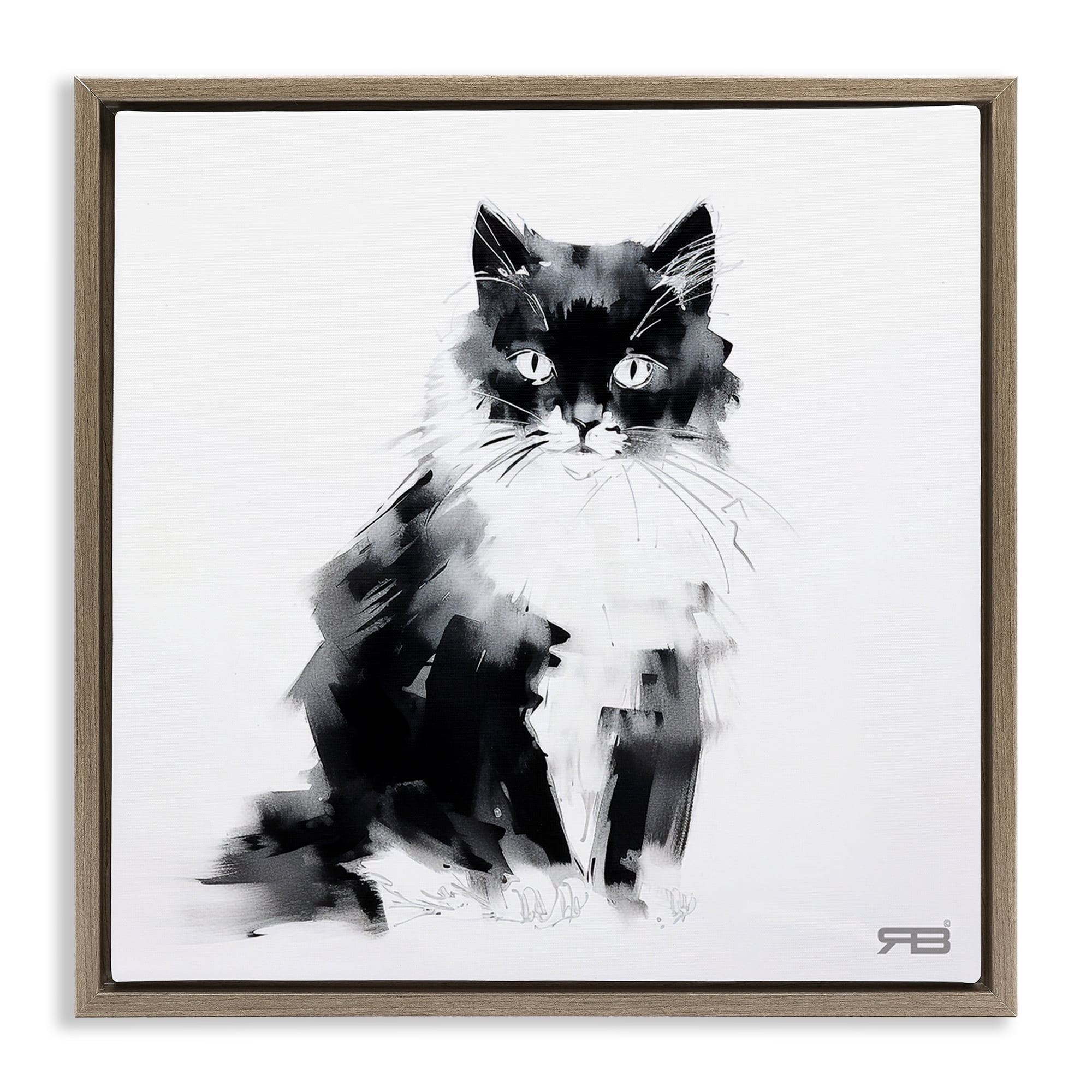 Stupell Industries Abstract Black & White Cat Animals & Insects Painting Brown Floater Framed Canvas Art Print Wall Art, 18 x 18