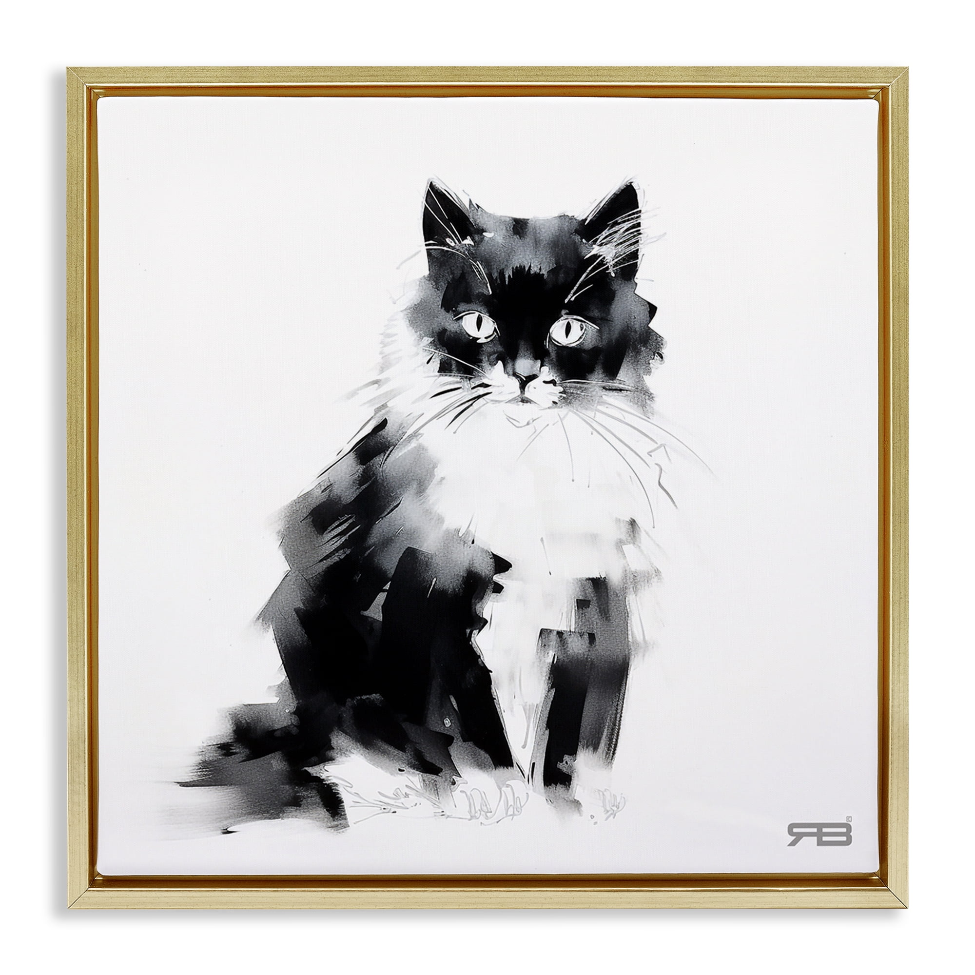 Stupell Industries Abstract Black & White Cat Animals & Insects Painting Gold Floater Framed Canvas Art Print Wall Art, 18 x 18