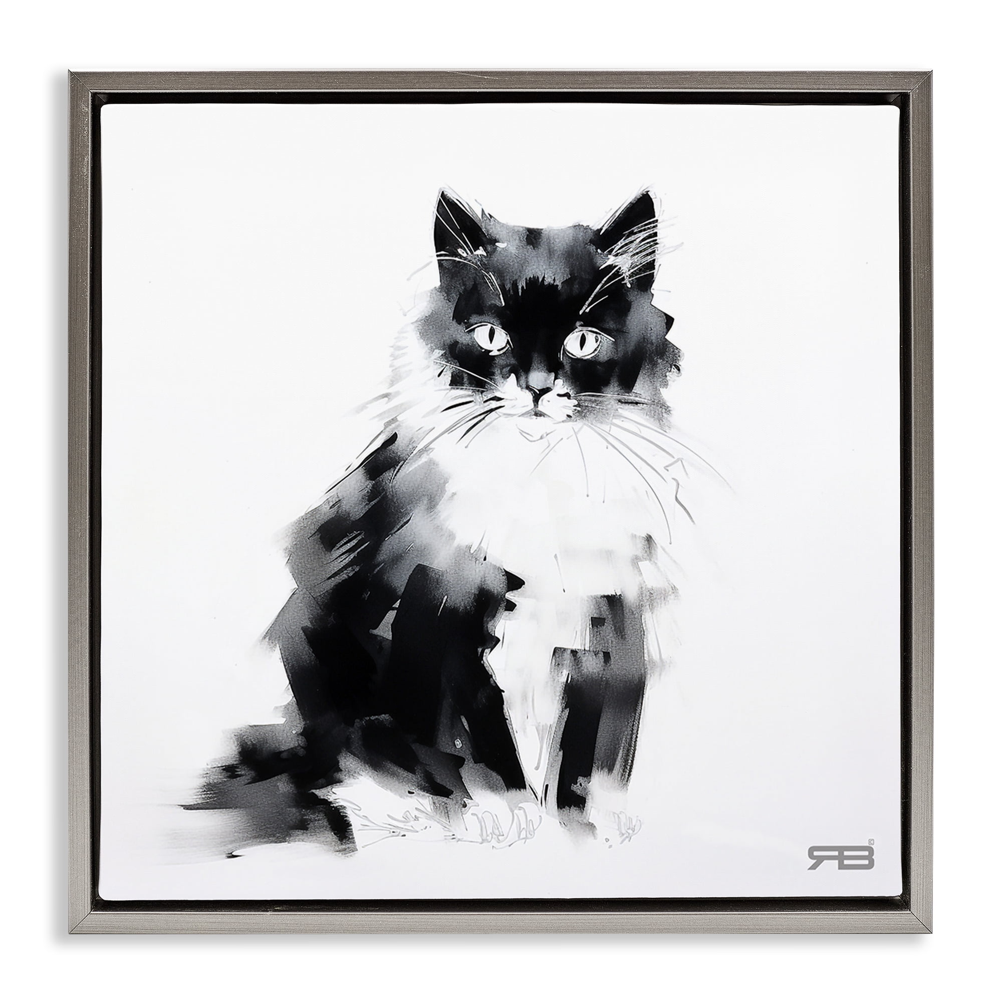 Stupell Industries Abstract Black & White Cat Animals & Insects Painting Gray Floater Framed Canvas Art Print Wall Art, 25 x 25