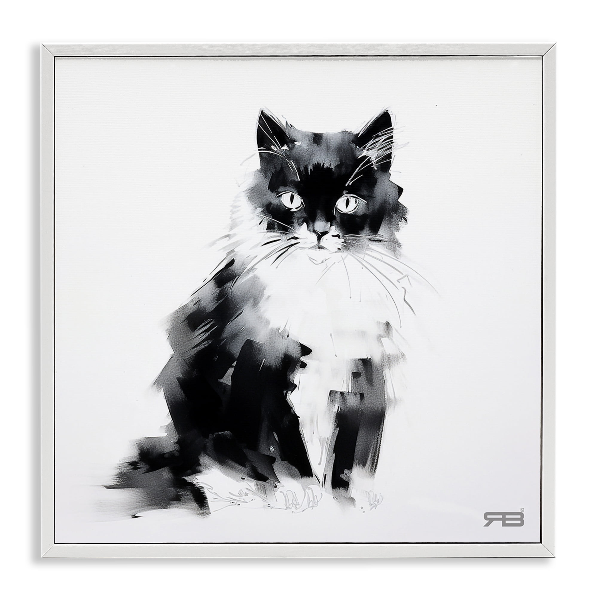 Stupell Industries Abstract Black & White Cat Animals & Insects Painting White Framed Art Print Wall Art, 12 x 12