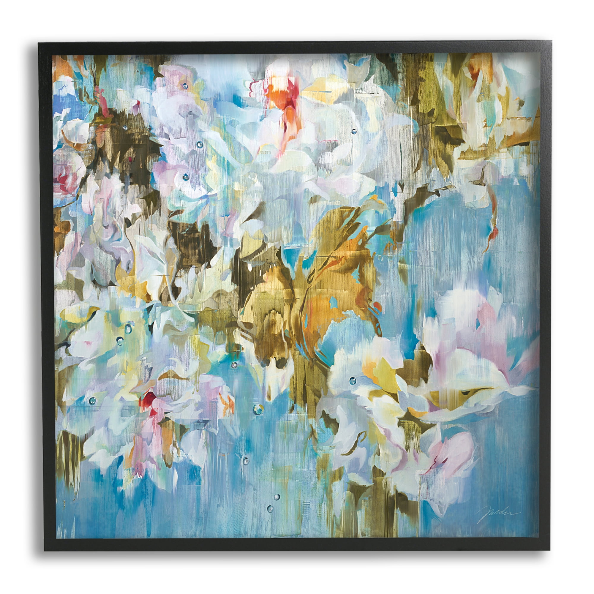 Stupell Industries Abstract Blossoms on Blue Botanical & Floral Painting Black Framed Art Print Wall Art, 12 x 12