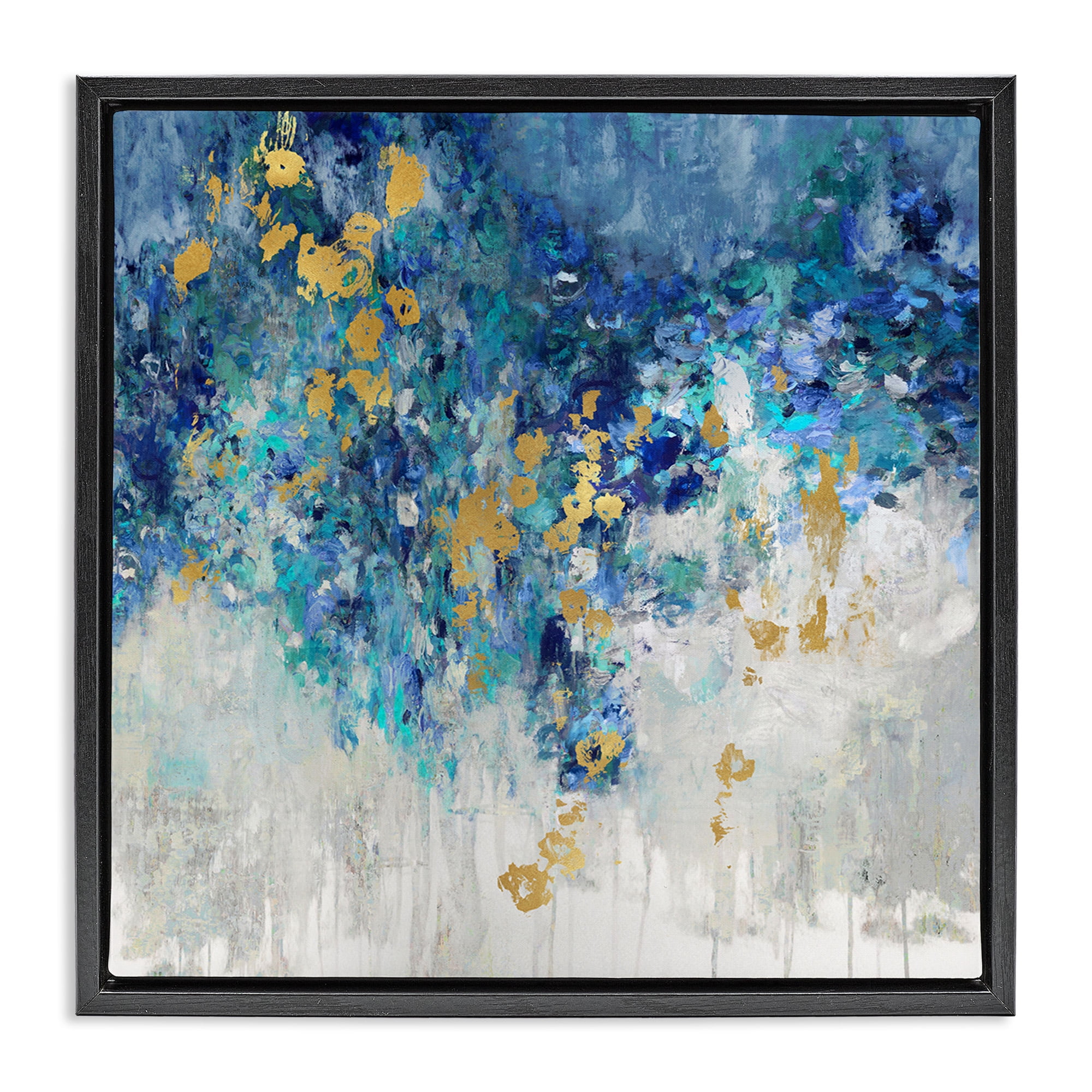 Stupell Industries Abstract Blue Gold Paint Design Abstract Painting Black Floater Framed Canvas Art Print Wall Art, 18 x 18