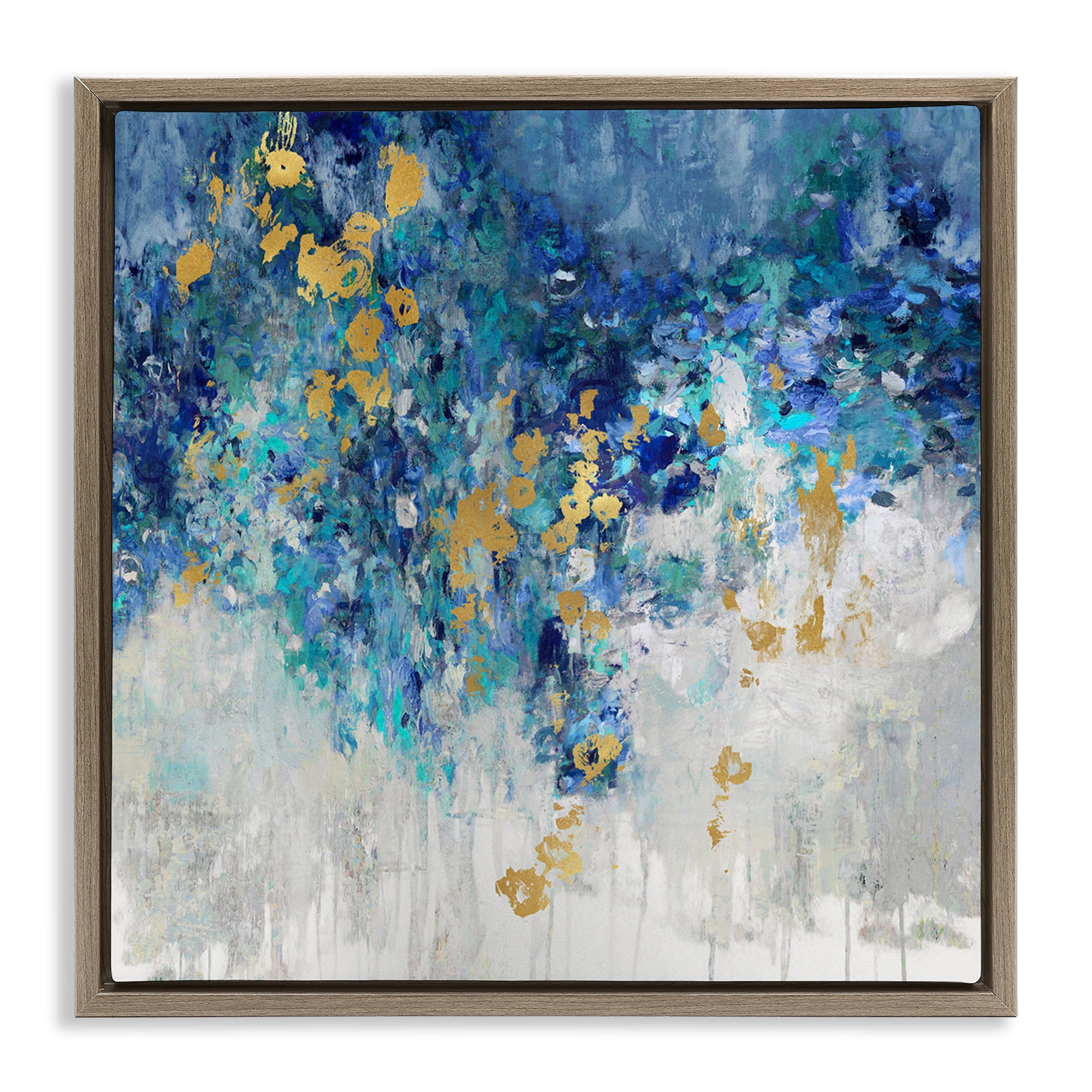 Stupell Industries Abstract Blue Gold Paint Design Abstract Painting Brown Floater Framed Canvas Art Print Wall Art, 18 x 18