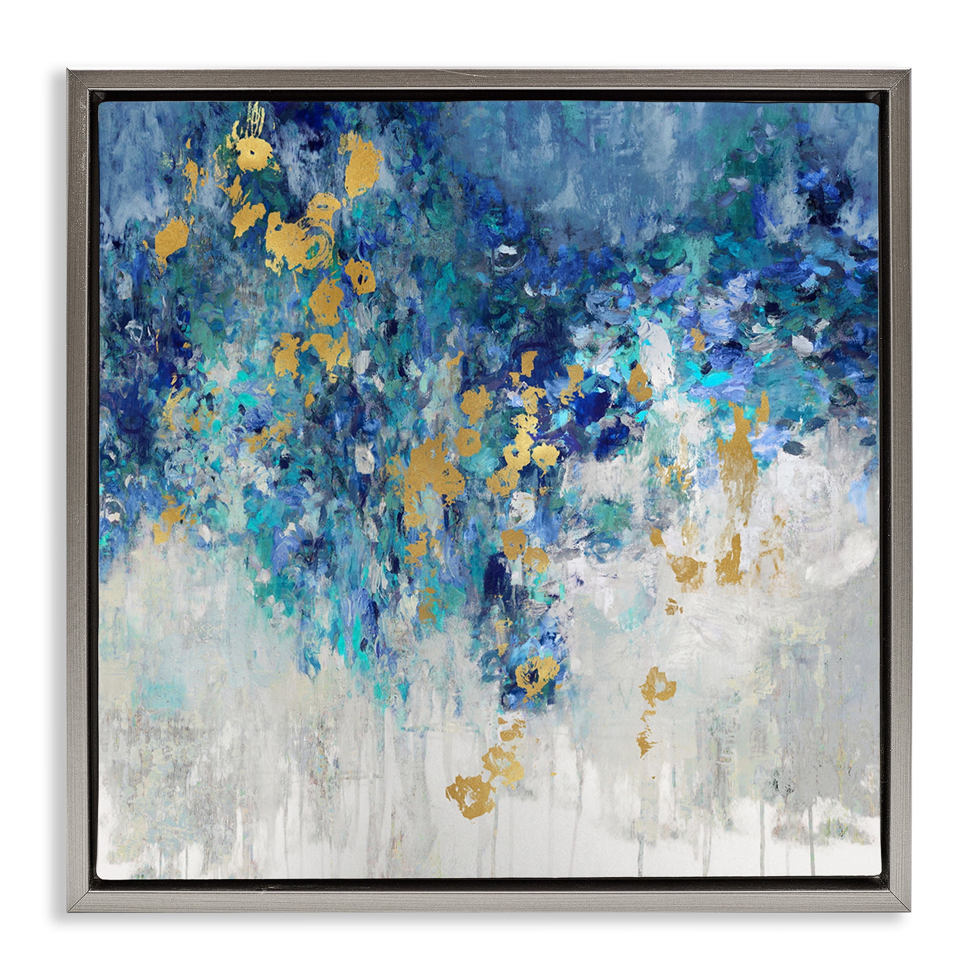 Stupell Industries Abstract Blue Gold Paint Design Abstract Painting Gray Floater Framed Canvas Art Print Wall Art, 18 x 18