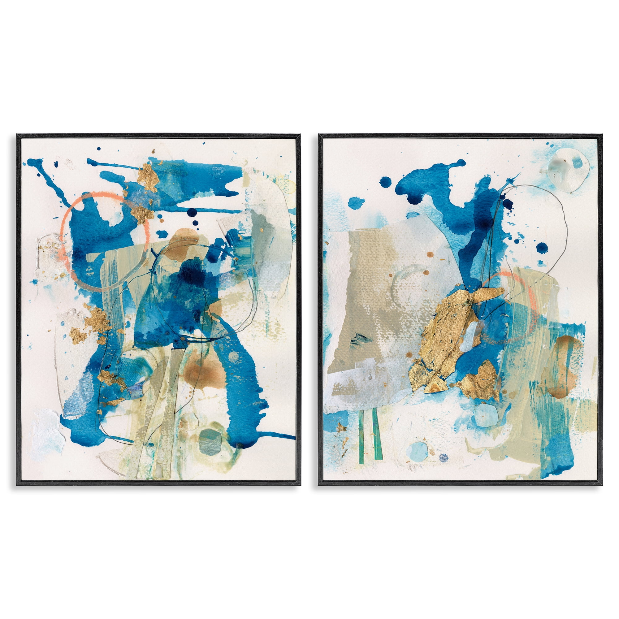 Stupell Industries Abstract Blue Gold Splash Abstract Painting Black Framed Art Print Wall Art, 16 x 20, Set of 2