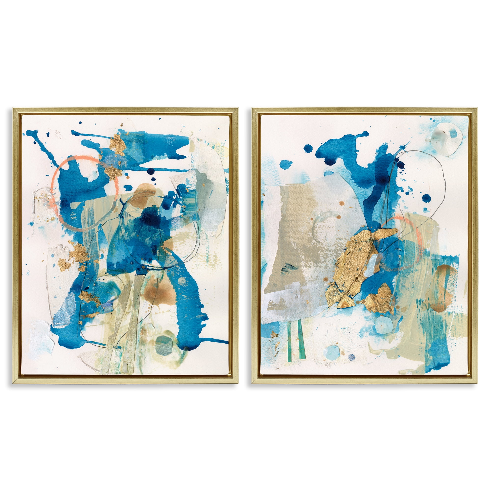 Stupell Industries Abstract Blue Gold Splash Abstract Painting Gold Floater Framed Canvas Art Print Wall Art, 31 x 25, Set of 2