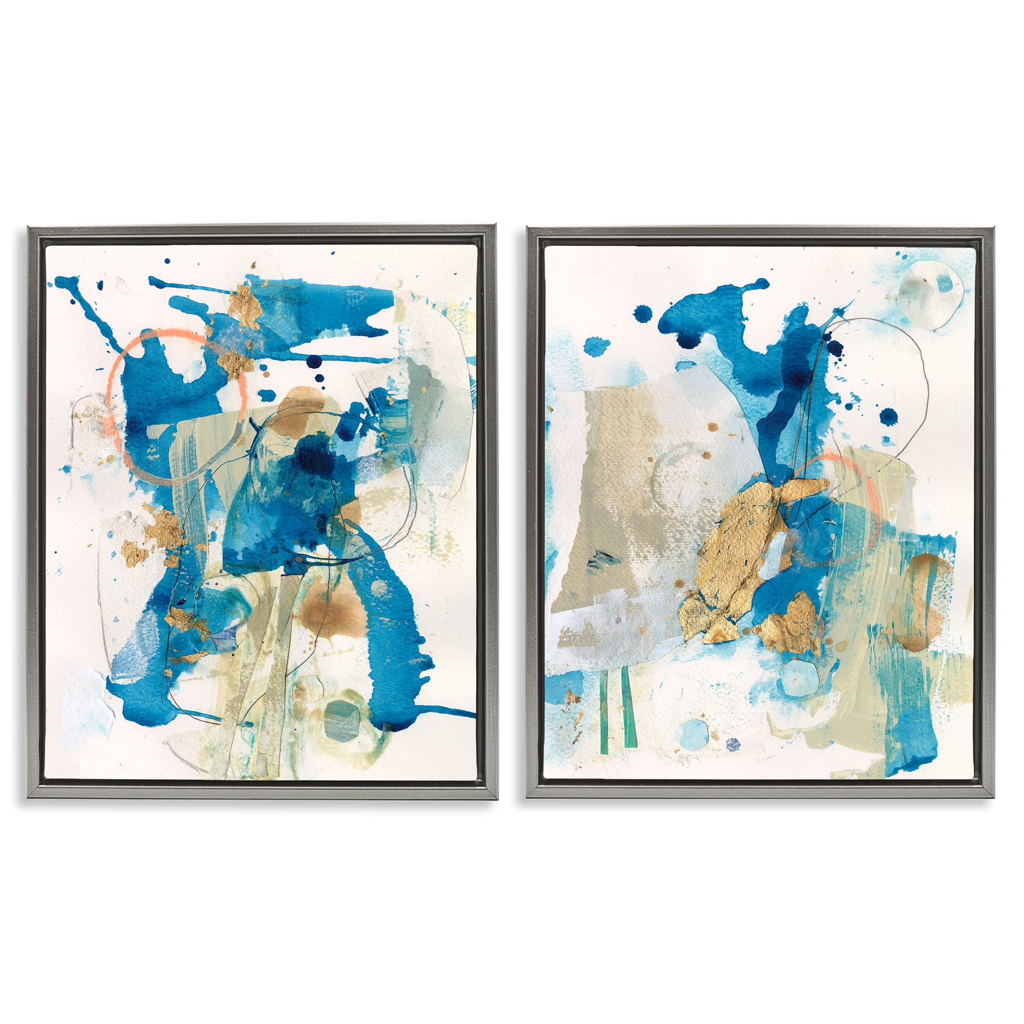 Stupell Industries Abstract Blue Gold Splash Abstract Painting Gray Floater Framed Canvas Art Print Wall Art, 17 x 21, Set of 2