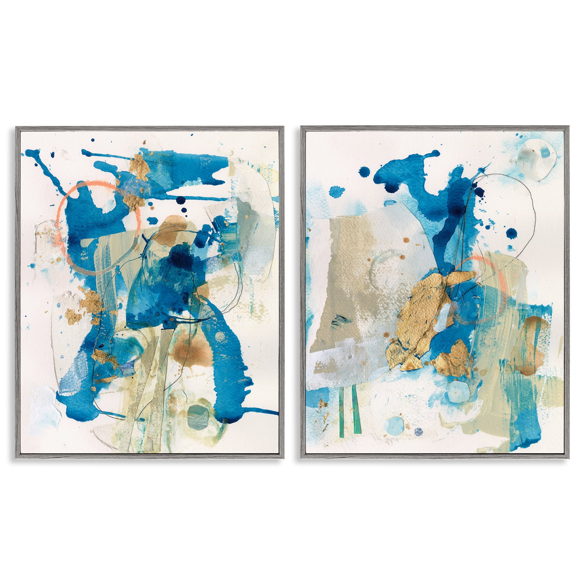 Stupell Industries Abstract Blue Gold Splash Abstract Painting Gray Framed Art Print Wall Art, 11 x 14, Set of 2