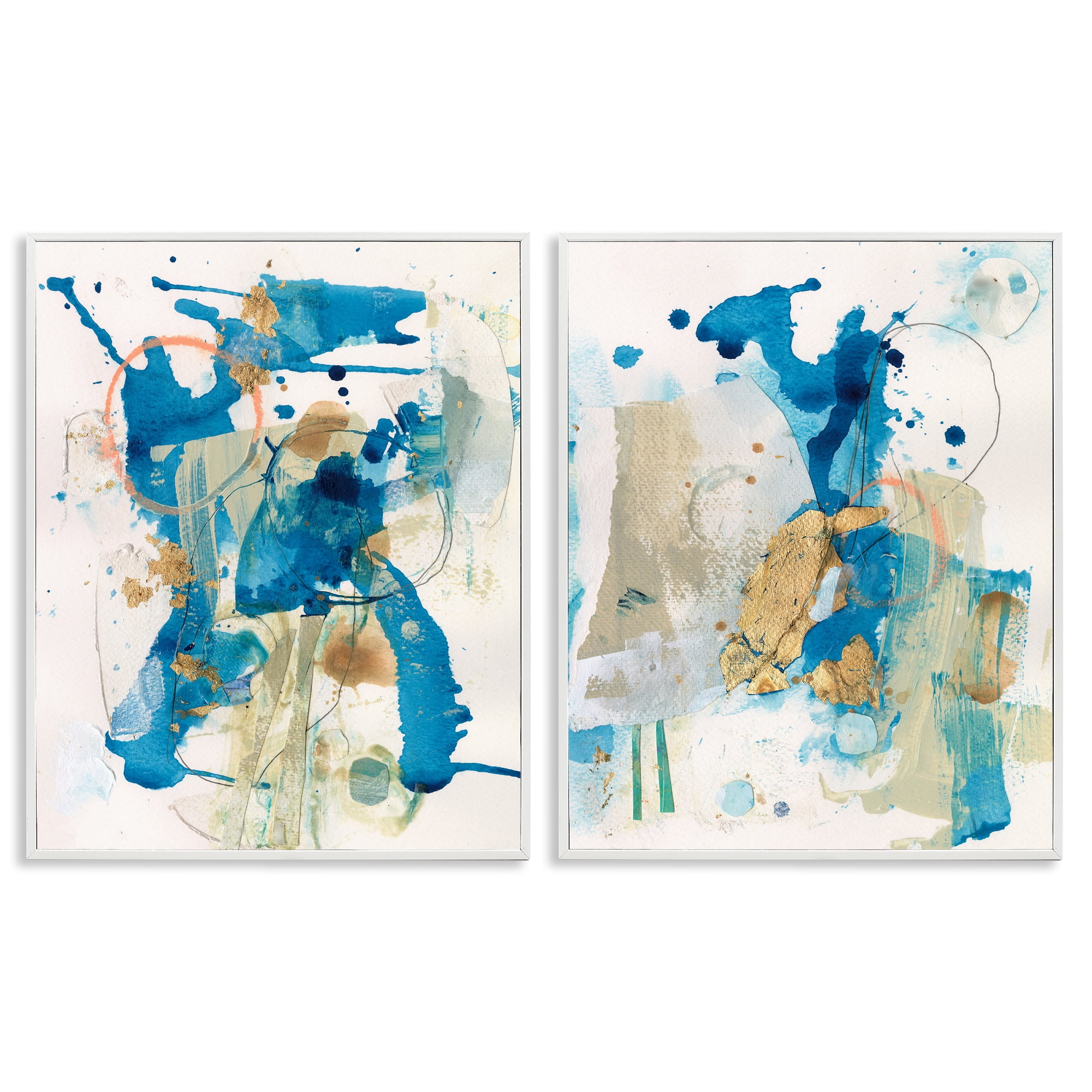 Stupell Industries Abstract Blue Gold Splash Abstract Painting White Framed Art Print Wall Art, 11 x 14, Set of 2