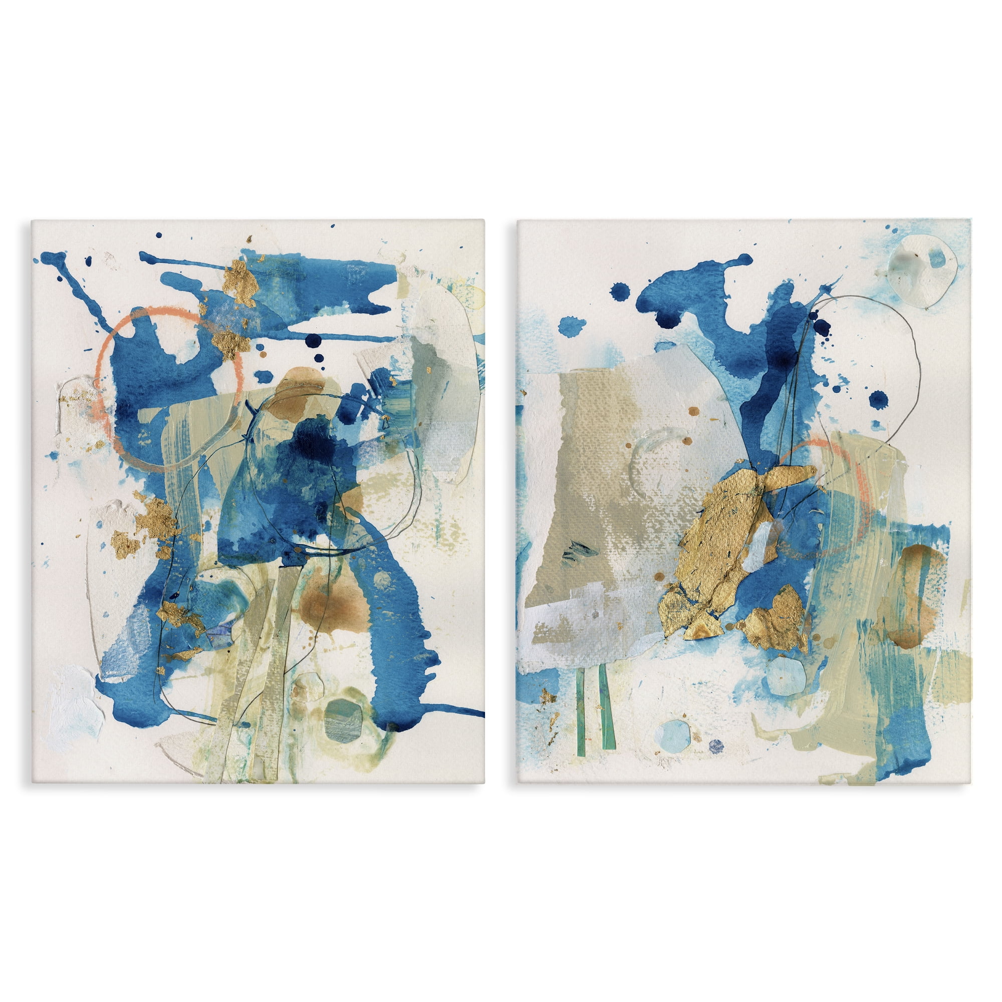 Stupell Industries Abstract Blue Gold Splash Abstract Painting Wrapped Canvas Art Print Wall Art, 24 x 30, Set of 2