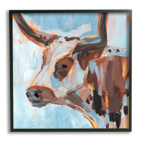 Stupell Industries Abstract Blue Longhorn Animals & Insects Painting Black Framed Art Print Wall Art, 12 x 12