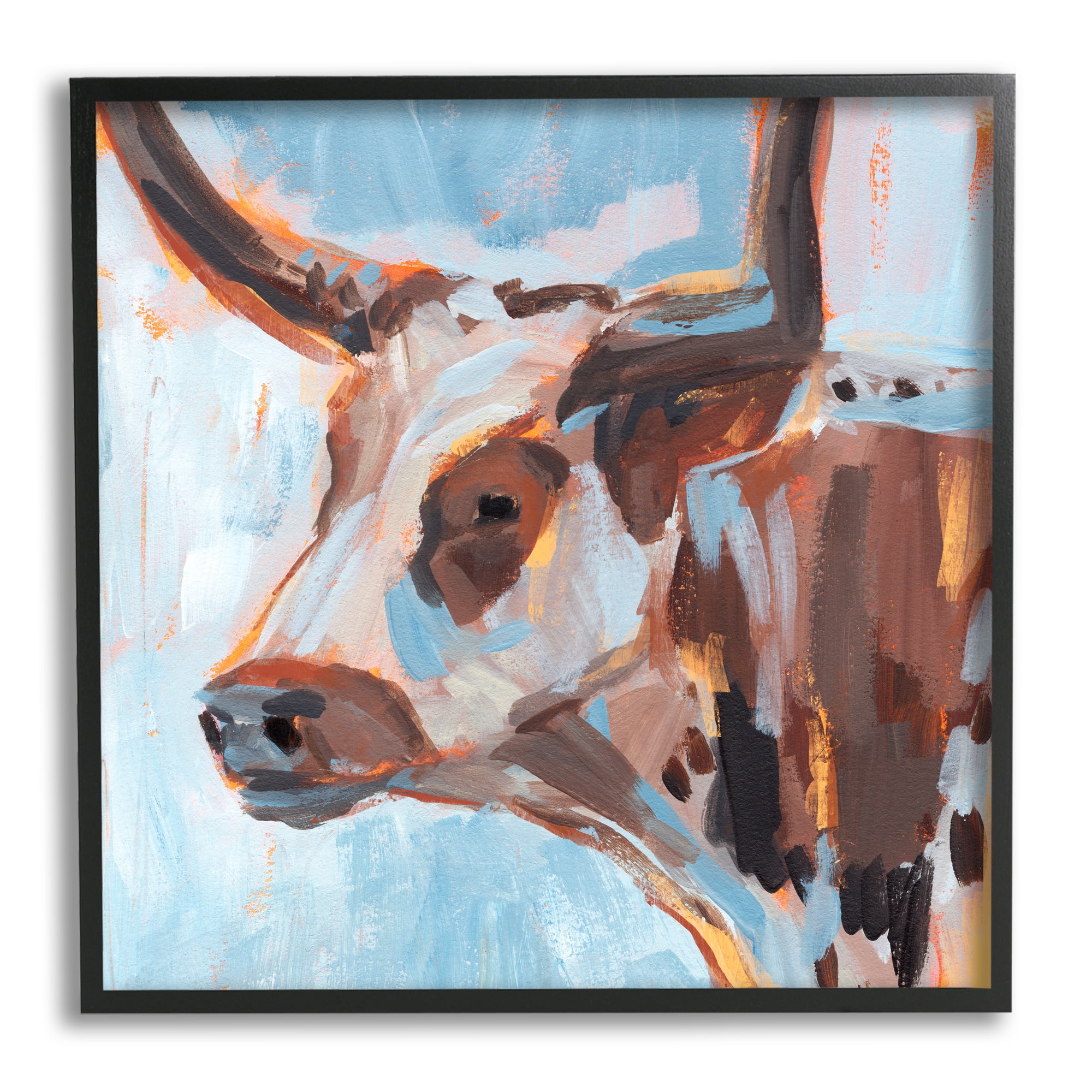 Stupell Industries Abstract Blue Longhorn Animals & Insects Painting Black Framed Art Print Wall Art, 17 x 17