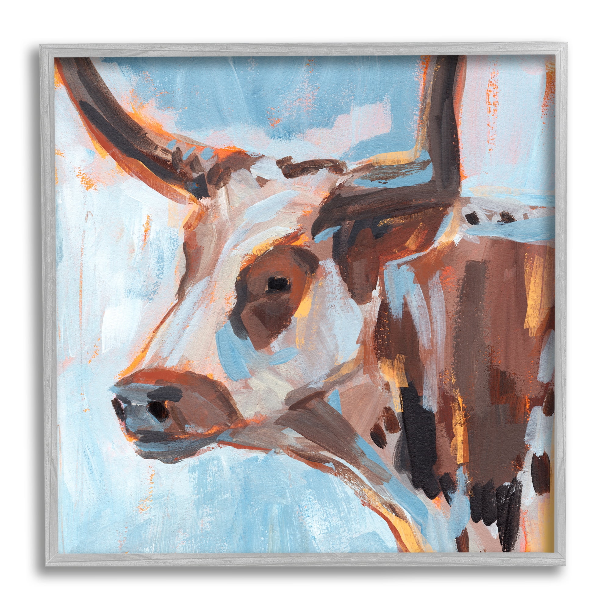 Stupell Industries Abstract Blue Longhorn Animals & Insects Painting Gray Framed Art Print Wall Art, 24 x 24